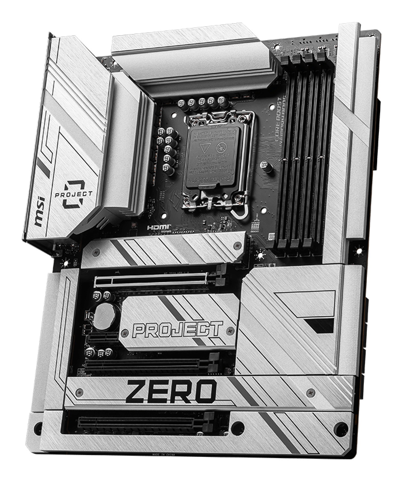 Una placa base MSI Project Zero plateada y negra. Tiene varios componentes, incluyendo ranuras, puertos y el logo 'Project Zero'.