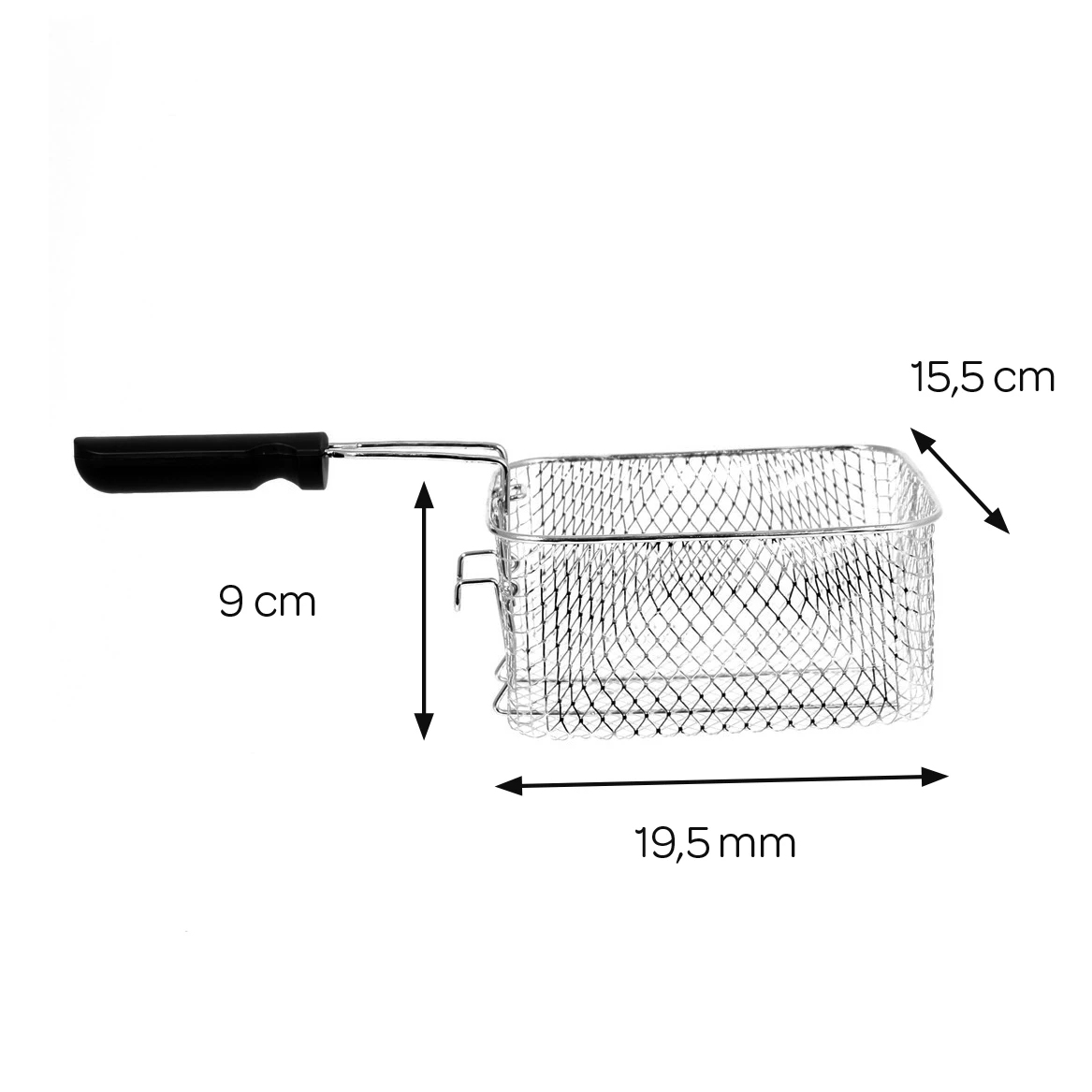 A stainless steel fryer basket with a black handle. Dimensions are labeled: 9 cm, 15.5 cm, and 19.5 mm.