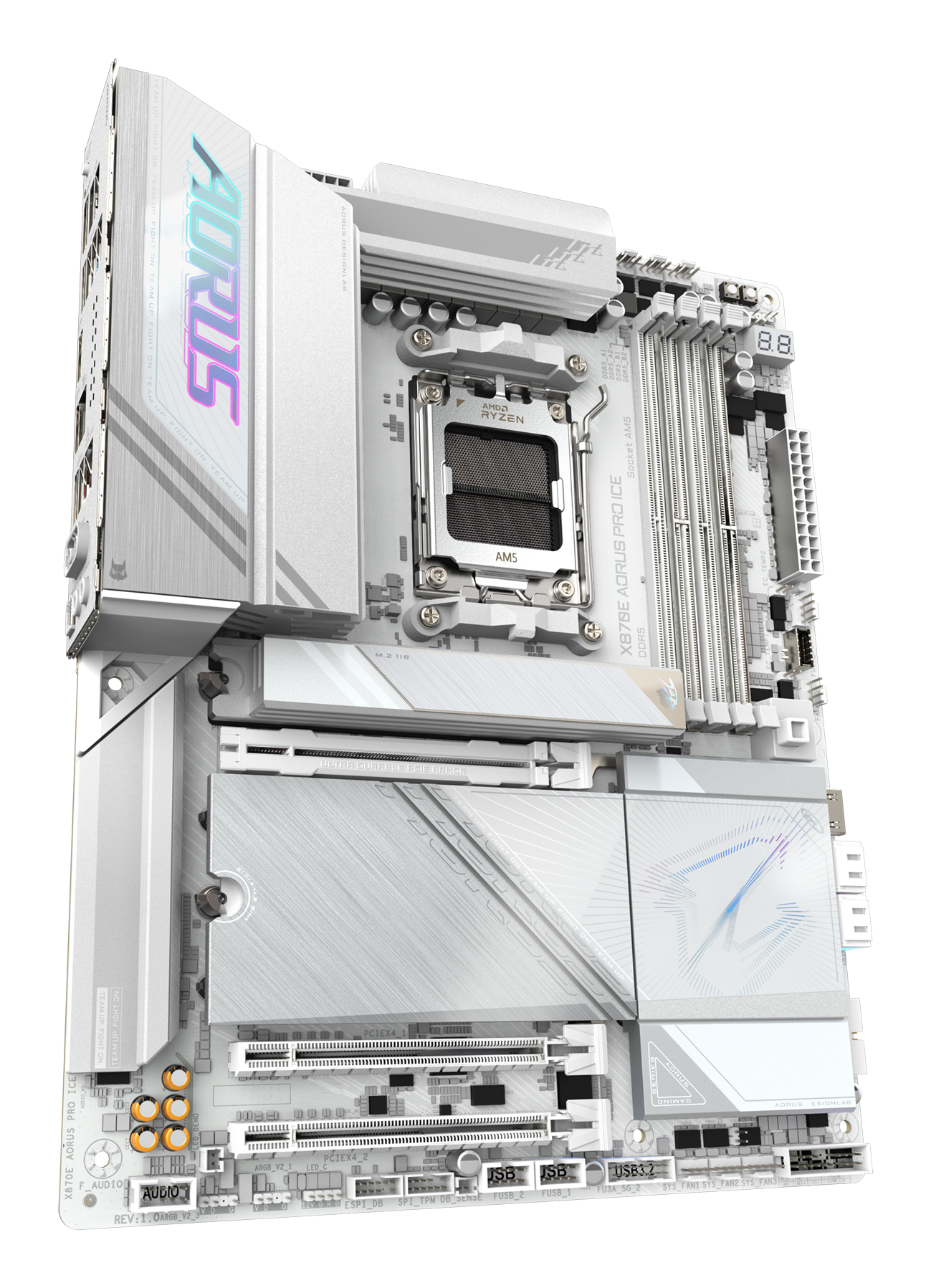 Biała płyta główna z logo AORUS, gniazdem AMD Ryzen oraz różnymi slotami i złączami, w tym portami USB i audio.