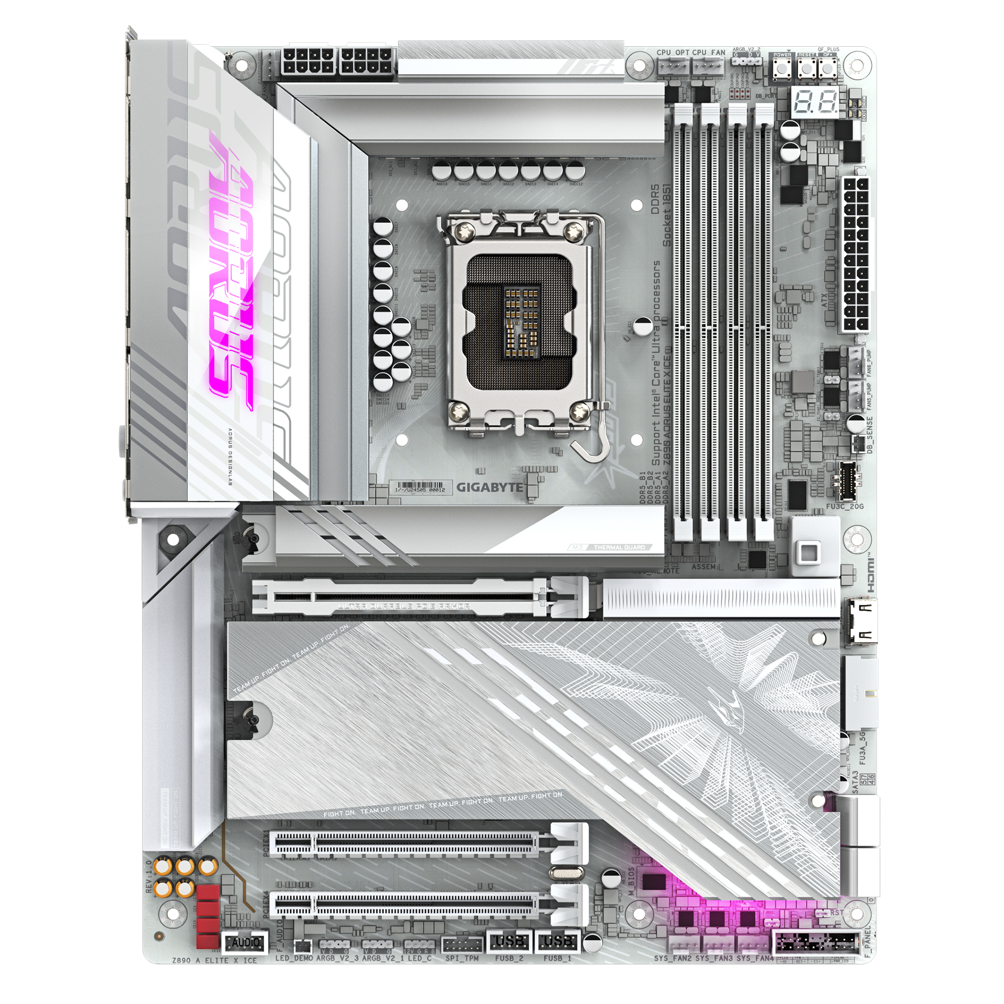 Biała i srebrna płyta główna z różowymi akcentami. Posiada wiele gniazd, gniazdo CPU i logo AORUS.