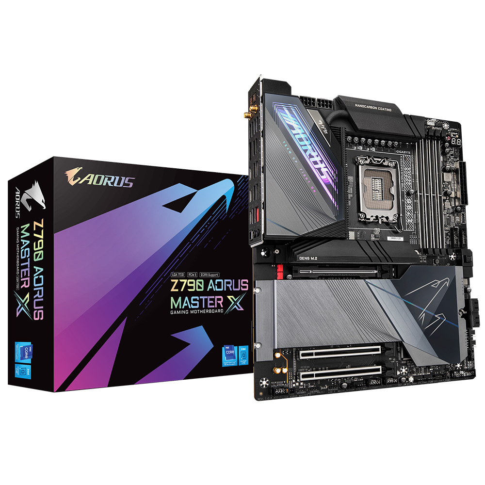 AORUS Z790 AORUS MASTER X Gaming-Motherboard und Box. Schwarze, graue und violette Farben dominieren. Text und Logo sind sichtbar.