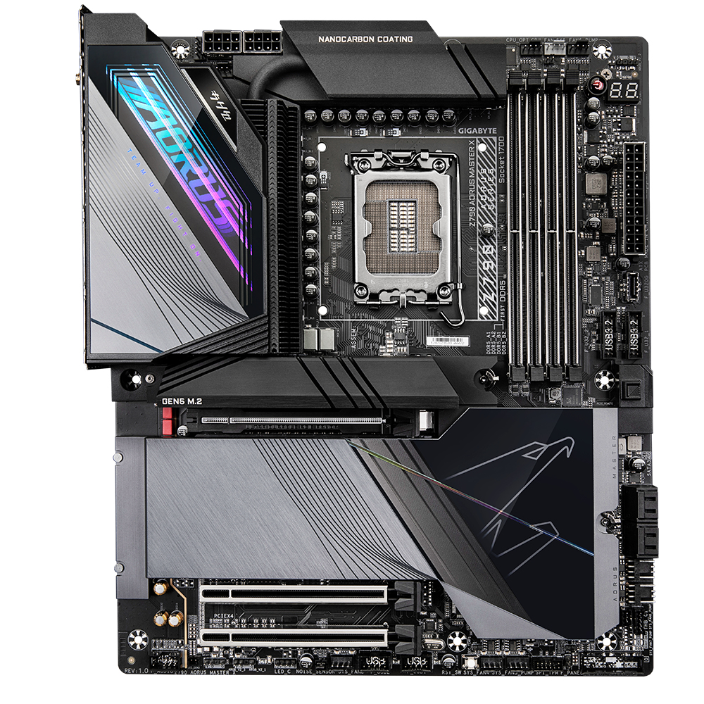 Ein schwarzes und graues Gigabyte AORUS-Motherboard. Es hat mehrere Steckplätze, Anschlüsse und Kühlkörper. Der Name AORUS ist sichtbar.