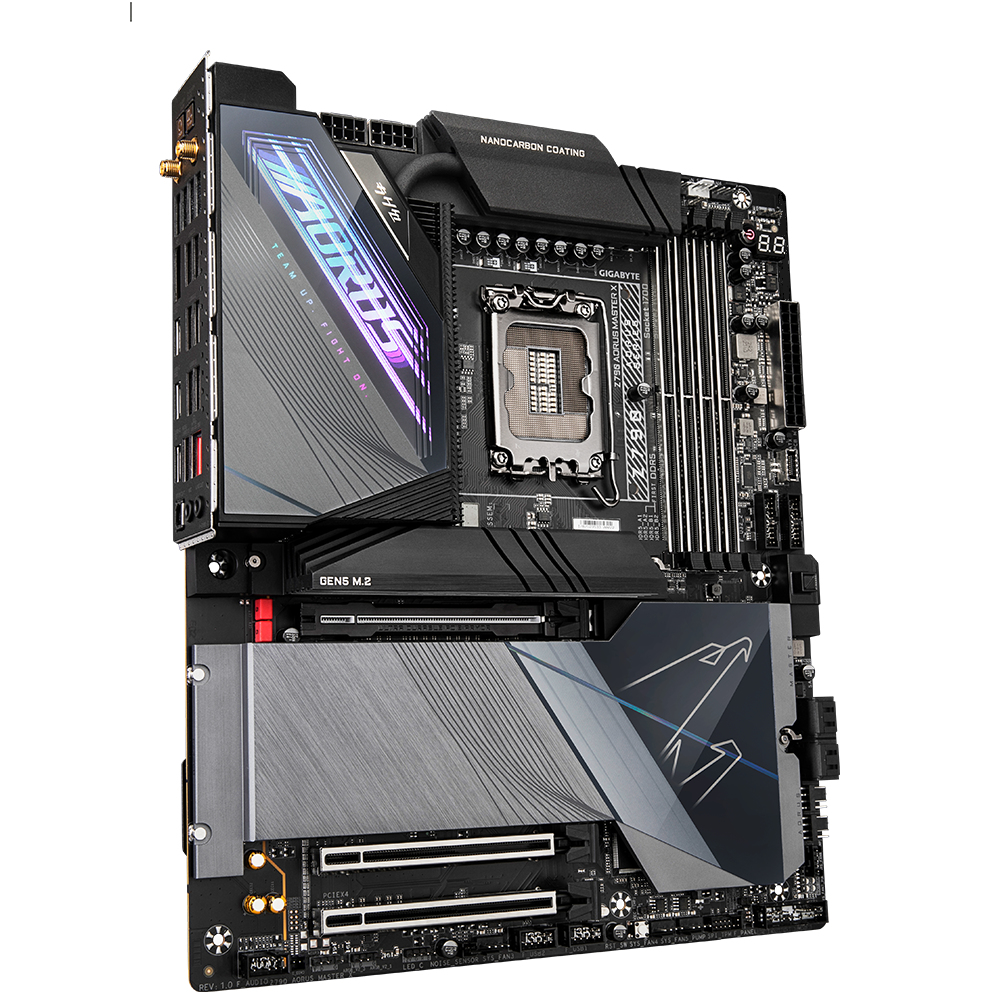 Ein schwarzes und graues AORUS-Motherboard. Es hat einen CPU-Sockel, RAM-Steckplätze und verschiedene Anschlüsse. Das Logo ist sichtbar.