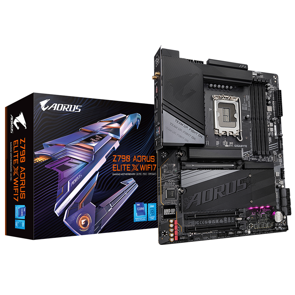 Una scheda madre da gioco Z790 Aorus Elite X WIFI7 nera e grigia con la sua scatola, con il logo Aorus ed etichette Intel Core.
