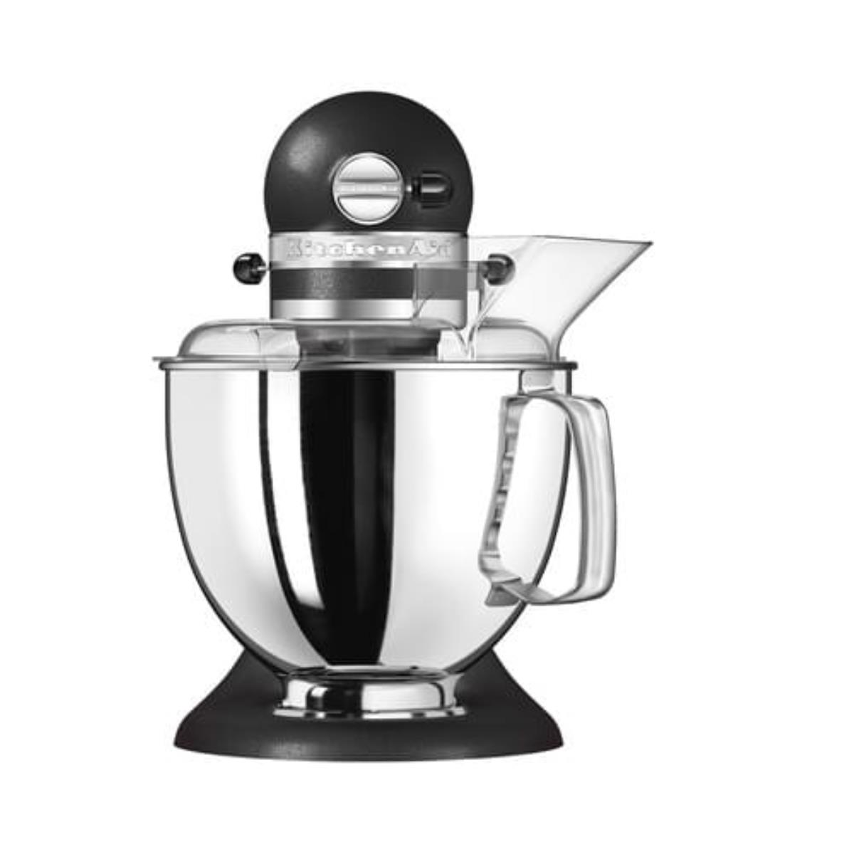 Mikser stojący KitchenAid. Ma czarną obudowę silnika, błyszczącą srebrną misę i przezroczystą plastikową osłonę.