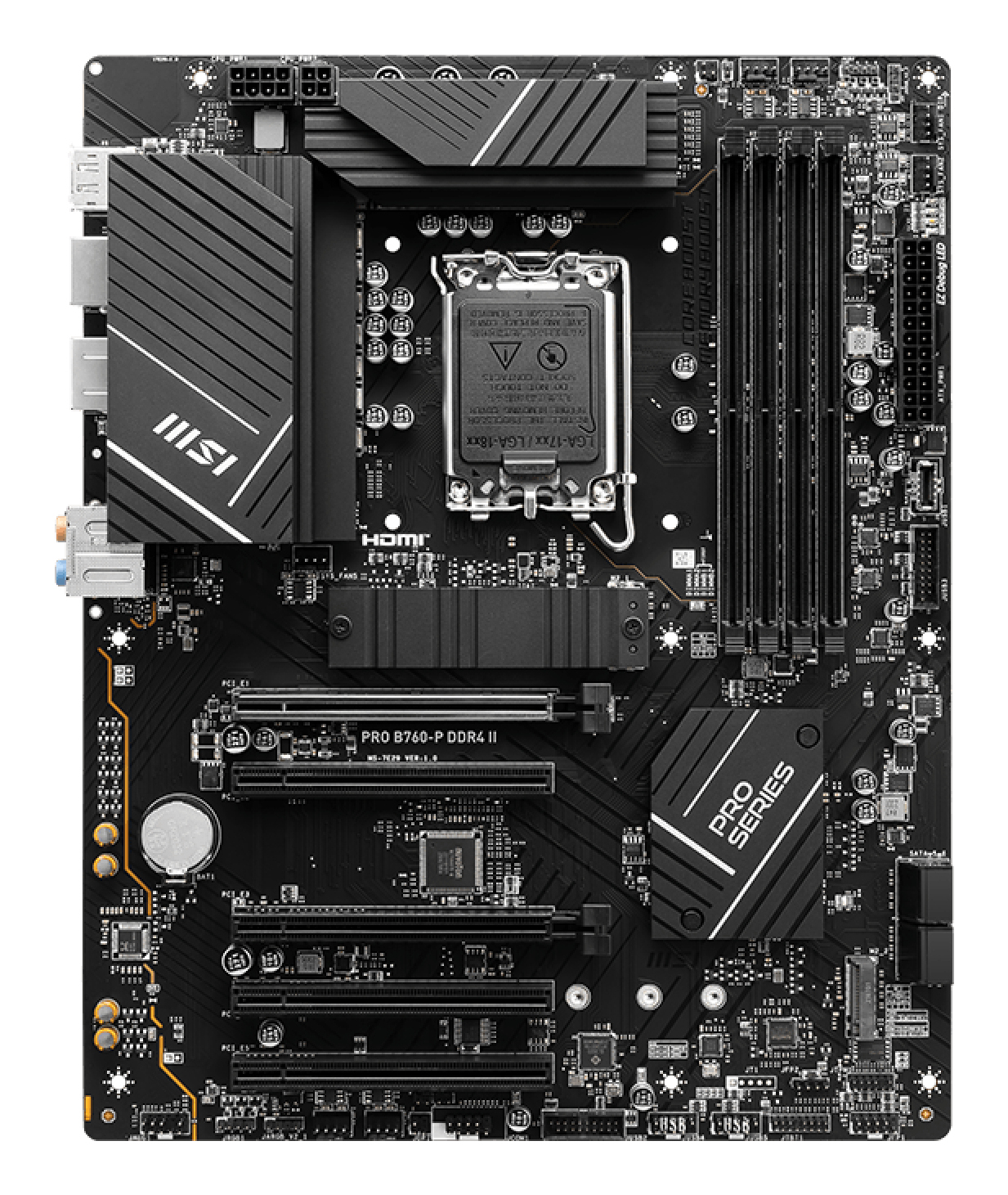 Una scheda madre nera MSI PRO B760-P DDR4 II. Ha vari componenti, slot e il logo MSI. Lo sfondo è bianco.