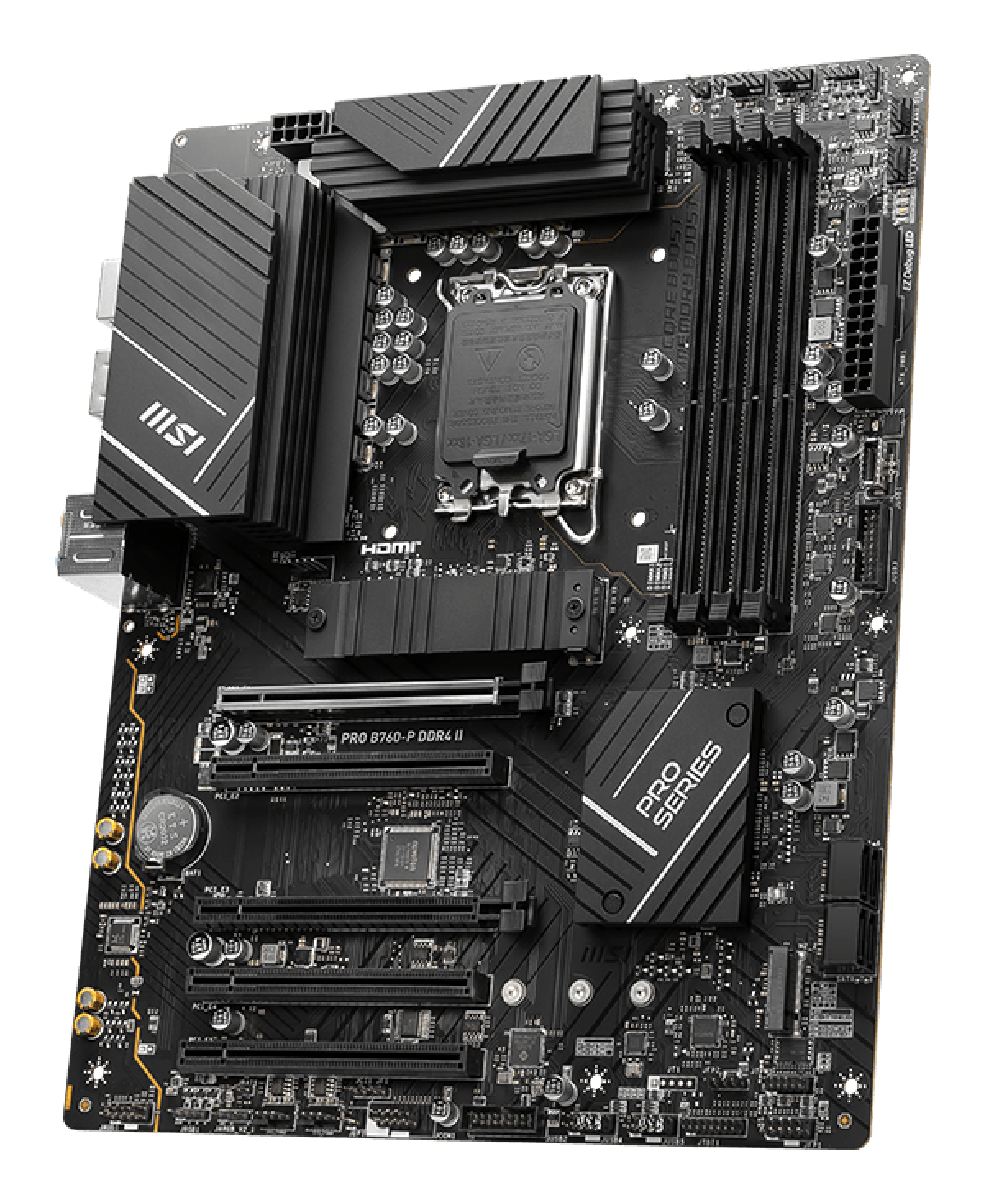 Scheda madre MSI PRO B760-P DDR4 II nera. Caratteristiche: HDMI, vari slot e logo "PRO SERIES".