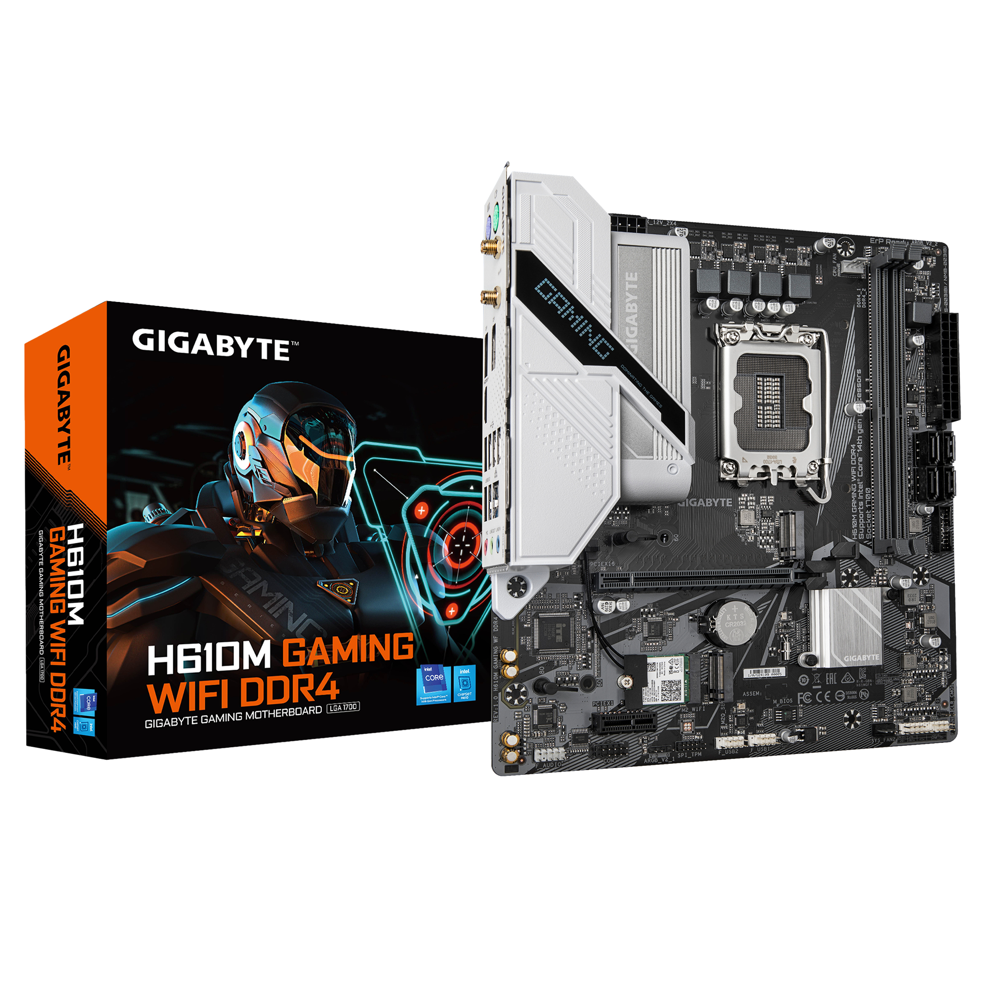 Sono mostrate una scheda madre Gigabyte H610M Gaming WiFi DDR4 e la sua scatola. La scatola è arancione e nera, con un design futuristico.