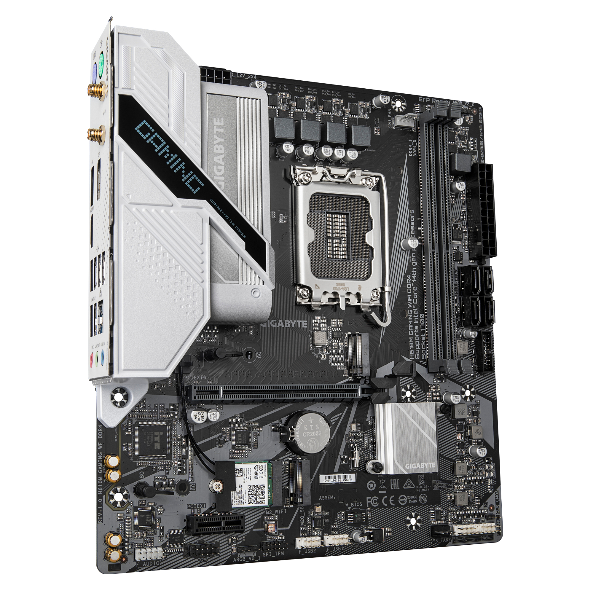 Una scheda madre Gigabyte H610M Gaming nera e grigia. Ha vari componenti e slot per CPU, RAM e altro hardware.