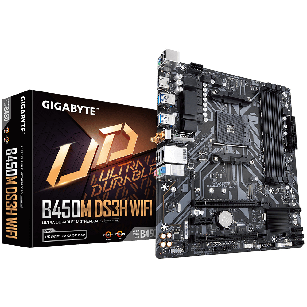 Una scheda madre Gigabyte B450M DS3H WIFI e la sua scatola. La scatola è nera e oro. La scheda madre è nera con vari componenti.