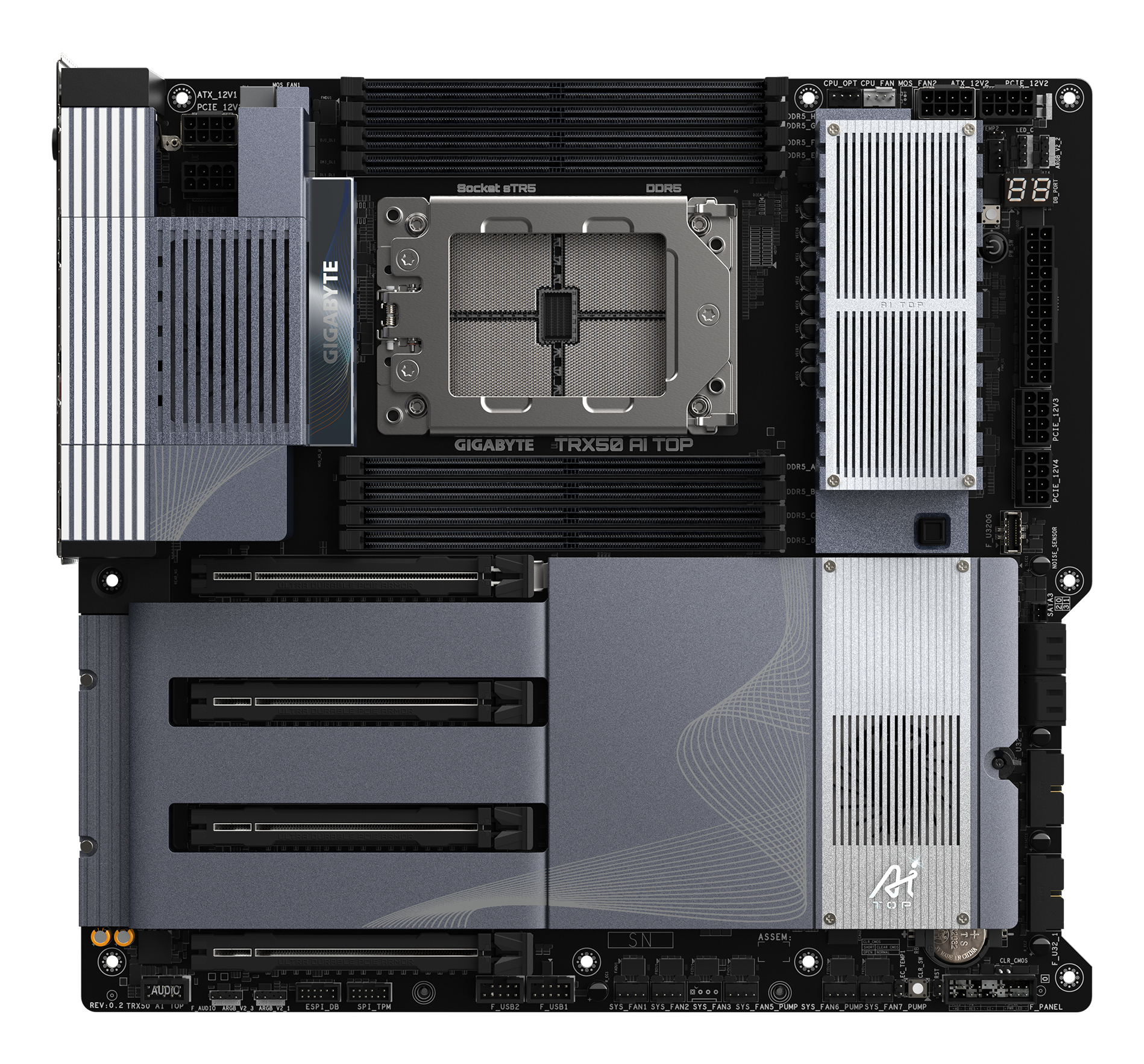 Une carte mère d'ordinateur avec divers composants, y compris des fentes, des ports et un socket CPU, est affichée en gros plan.