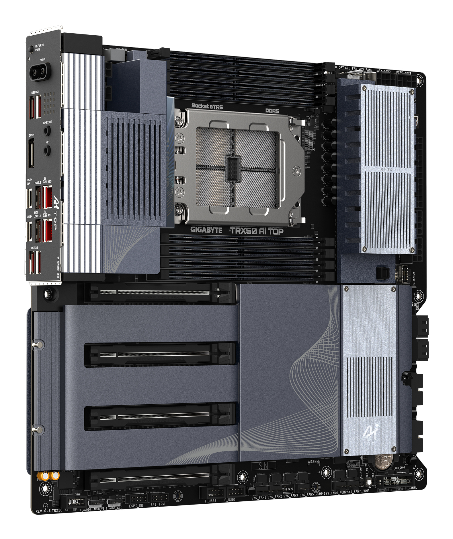 Une carte mère d'ordinateur avec divers composants, dont des emplacements RAM et un socket CPU.