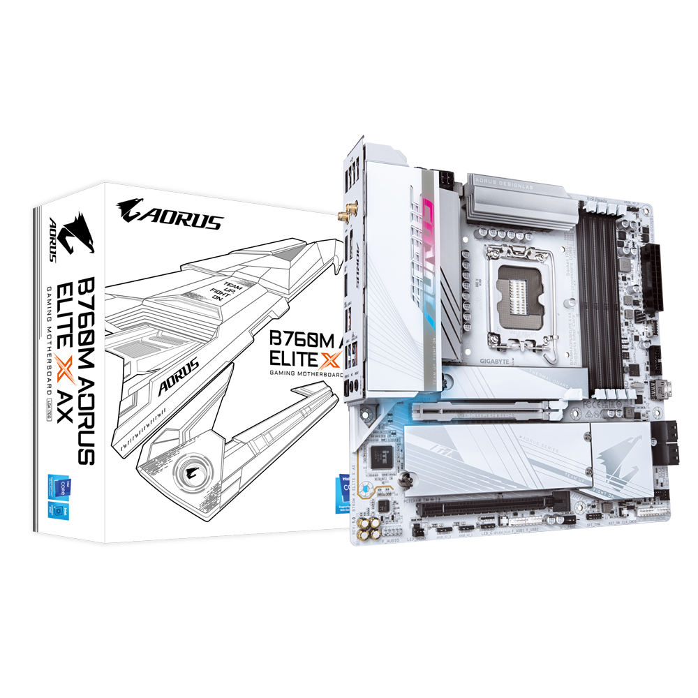Una scheda madre da gioco AORUS B760M ELITE X AX bianca con la sua scatola, con un diagramma dettagliato e testo su sfondo bianco.