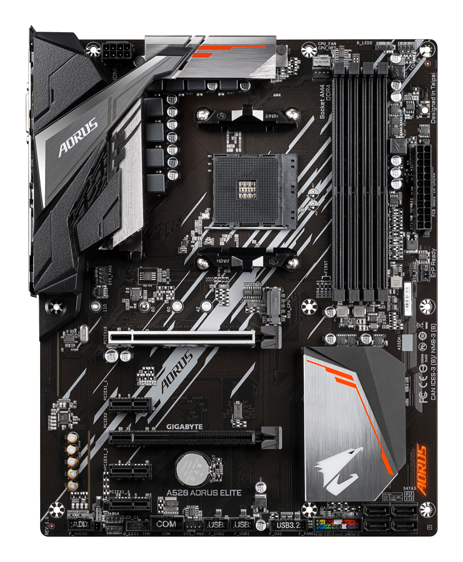 Schwarzes Aorus A520 AORUS ELITE-Motherboard mit silbernen und orangen Akzenten. Text: GIGABYTE, AORUS und verschiedene Anschlüsse.