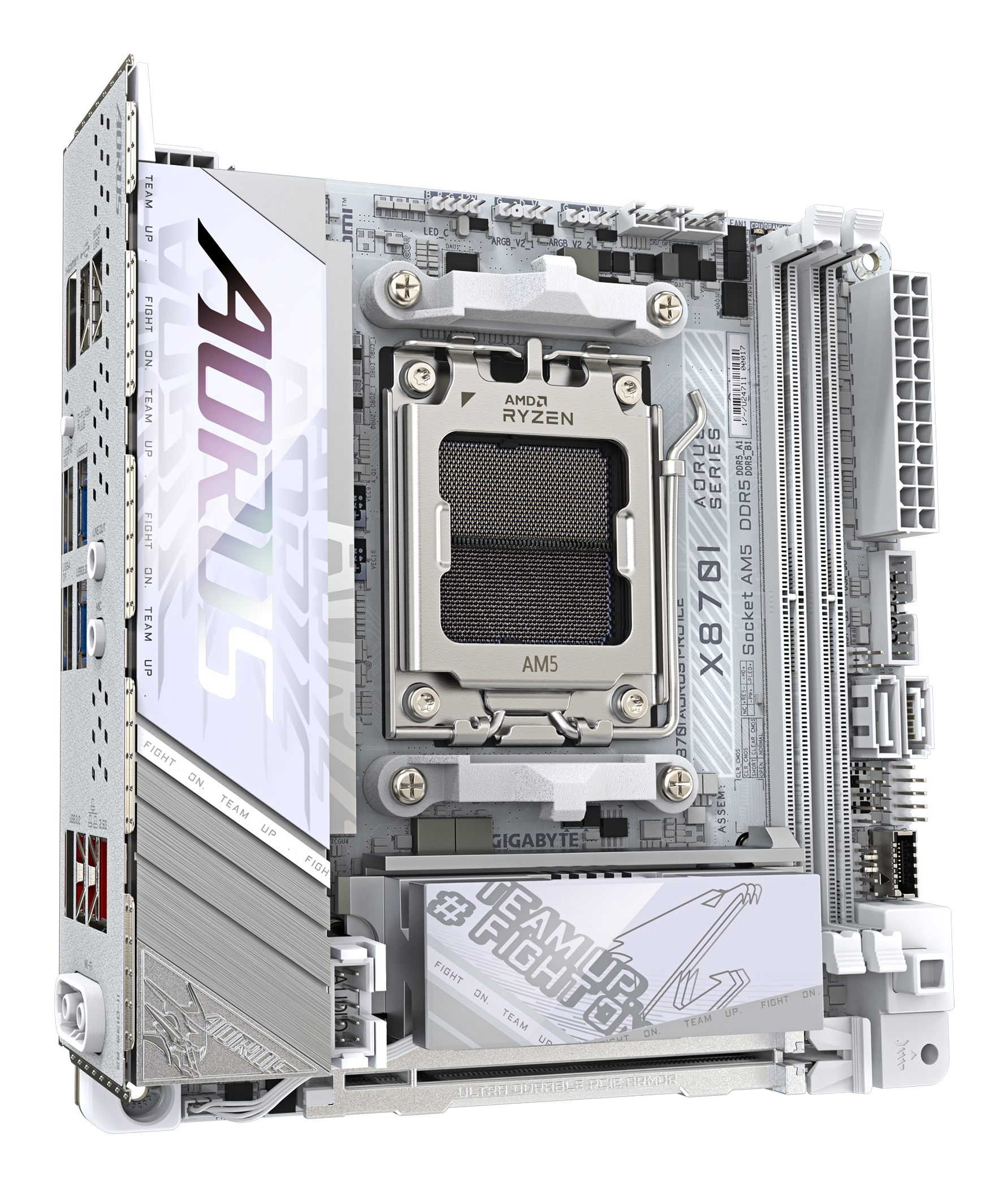 Biała płyta główna z logo 'AORUS' i gniazdem AMD Ryzen. Posiada gniazda RAM, różne porty i markę 'GIGABYTE'.