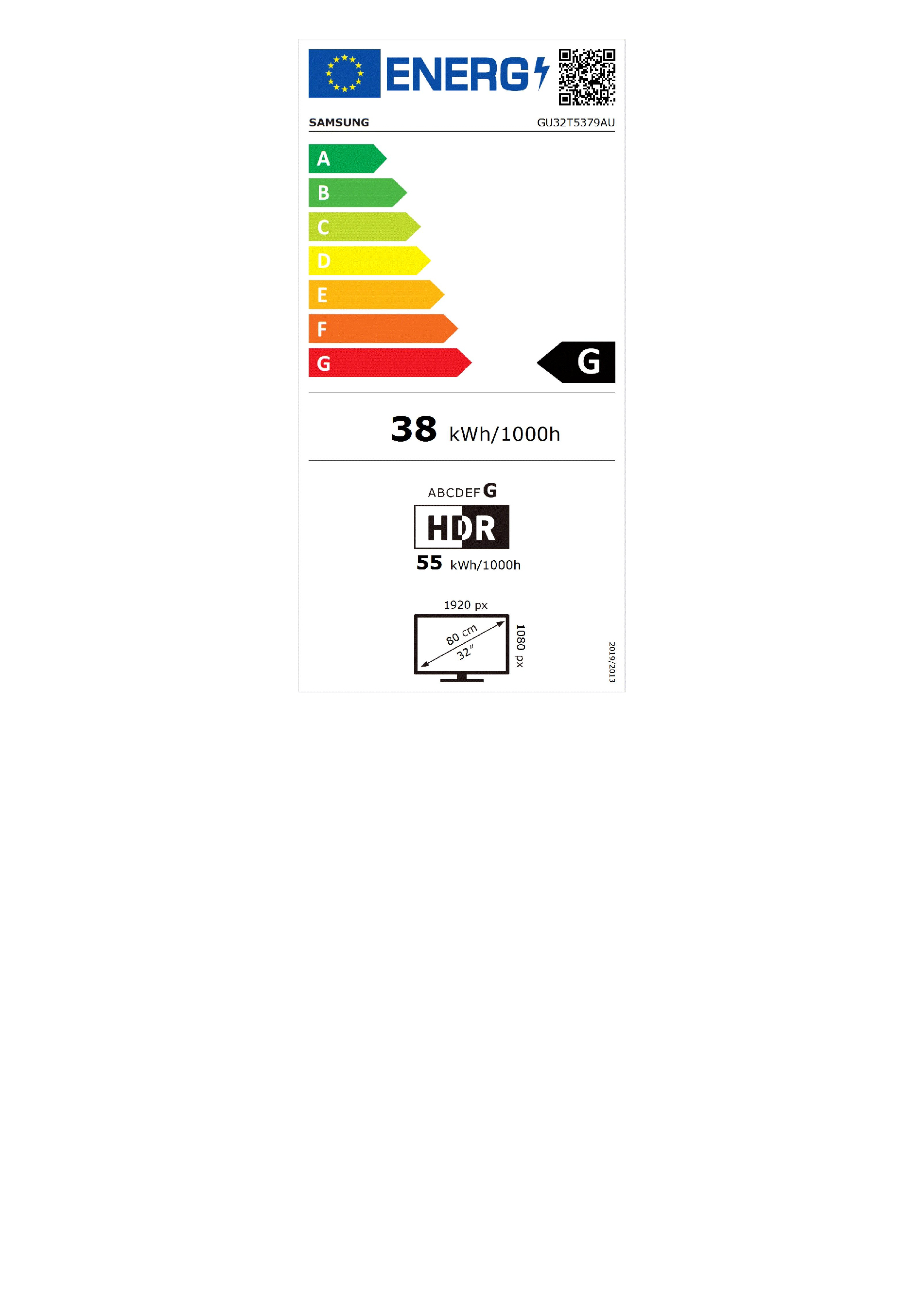 Un'etichetta energetica per un televisore Samsung, che mostra l'efficienza energetica, le dimensioni e le informazioni HDR.