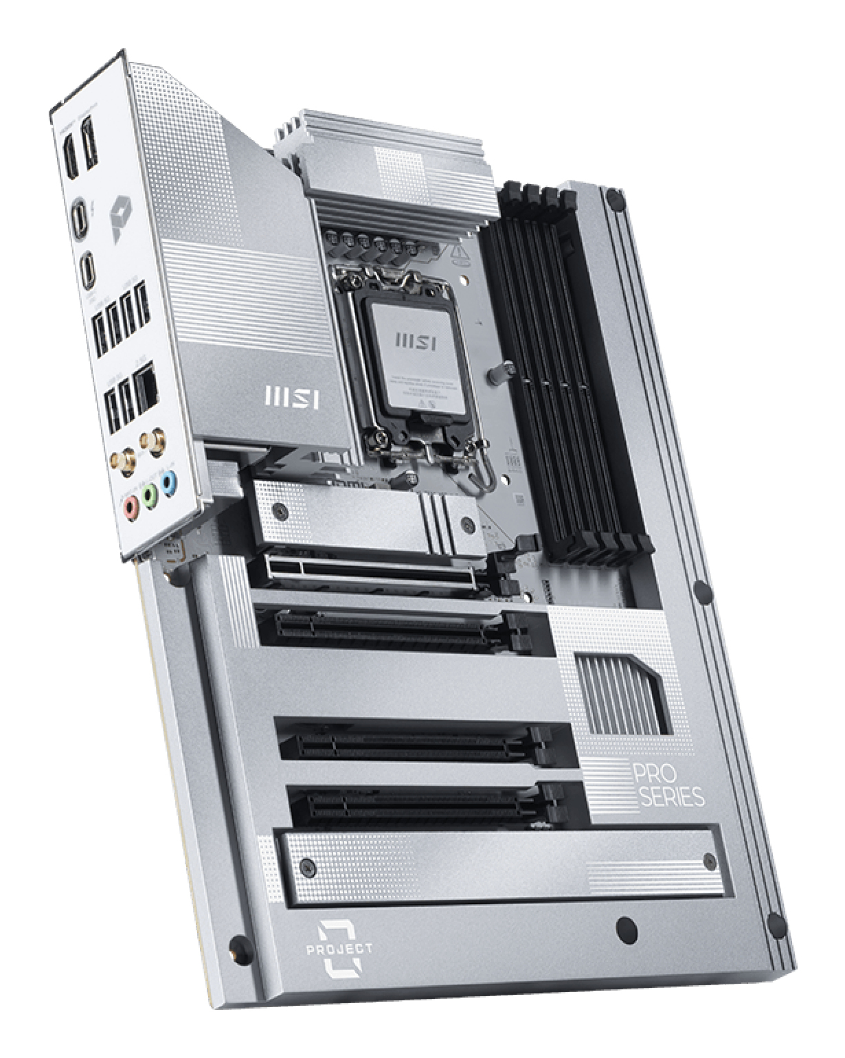 Srebrna płyta główna MSI PRO series. Zawiera gniazdo procesora, gniazda RAM i różne porty. Metaliczne wykończenie z czarnymi detalami.