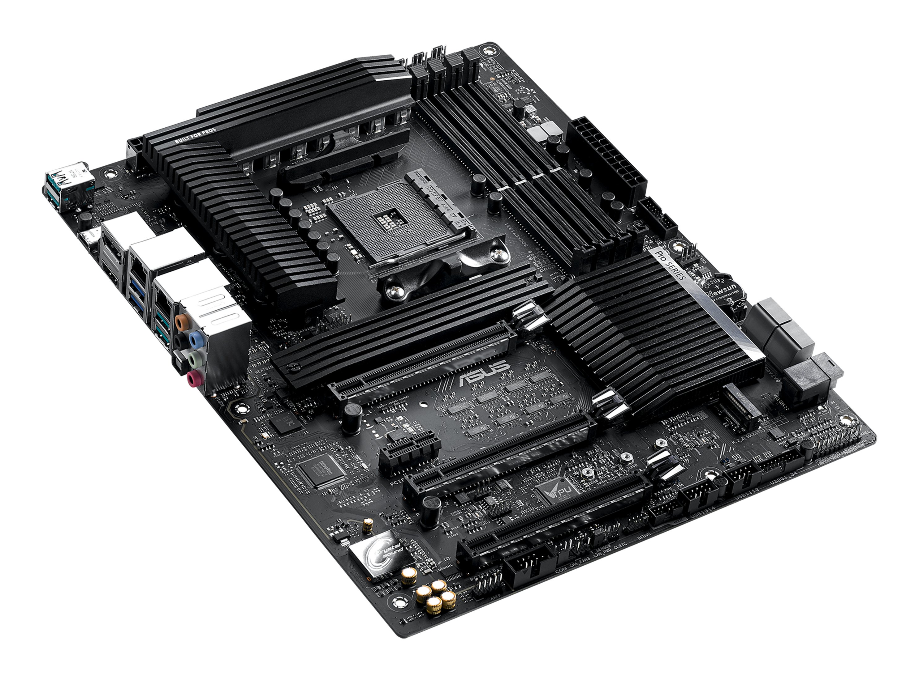 Una scheda madre ASUS Pro Series nera con vari slot, connettori e dissipatori, su sfondo bianco.