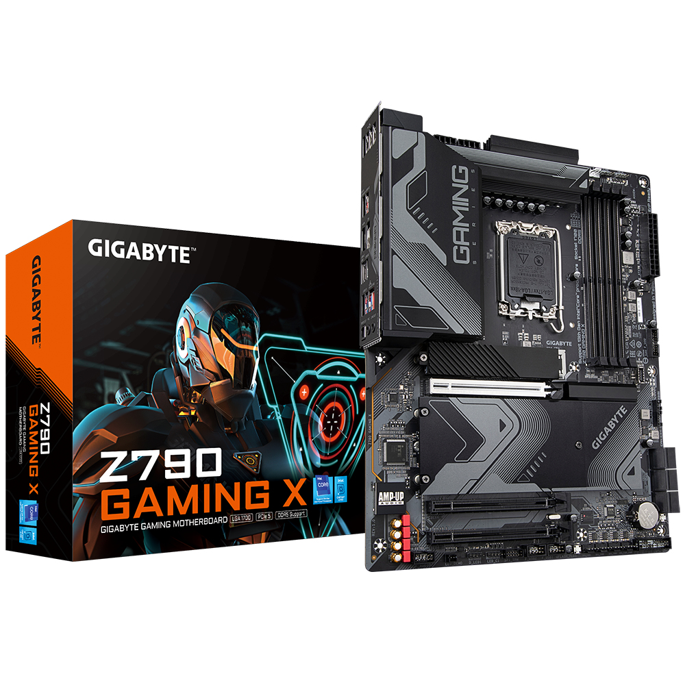 Una scheda madre Gigabyte Z790 Gaming X e la sua scatola. La scatola è arancione e nera, con un design robotico futuristico.