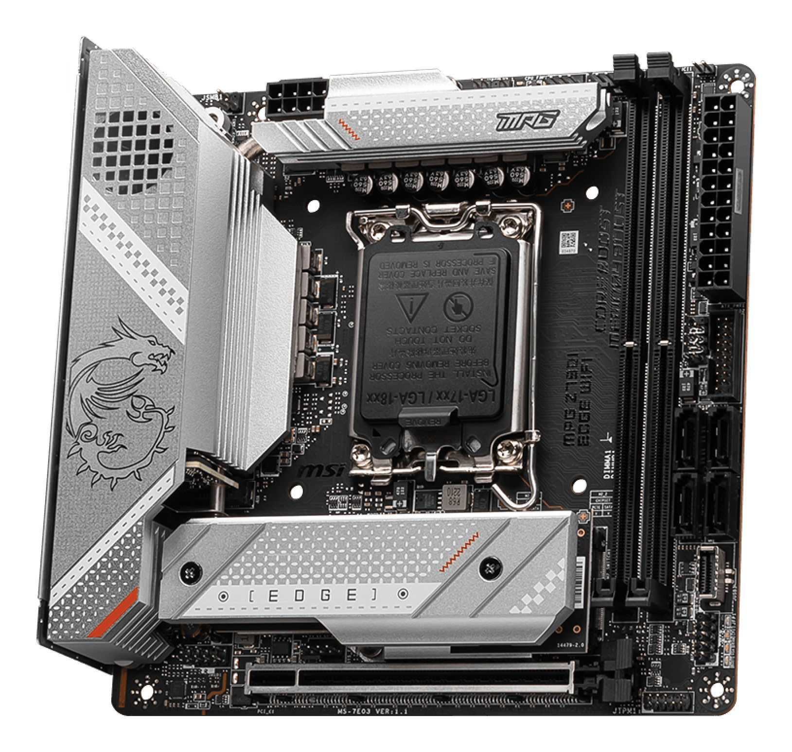 Una scheda madre MSI nera e argentata con vari componenti, tra cui un socket CPU e dissipatori. La scheda ha il logo 'EDGE'.