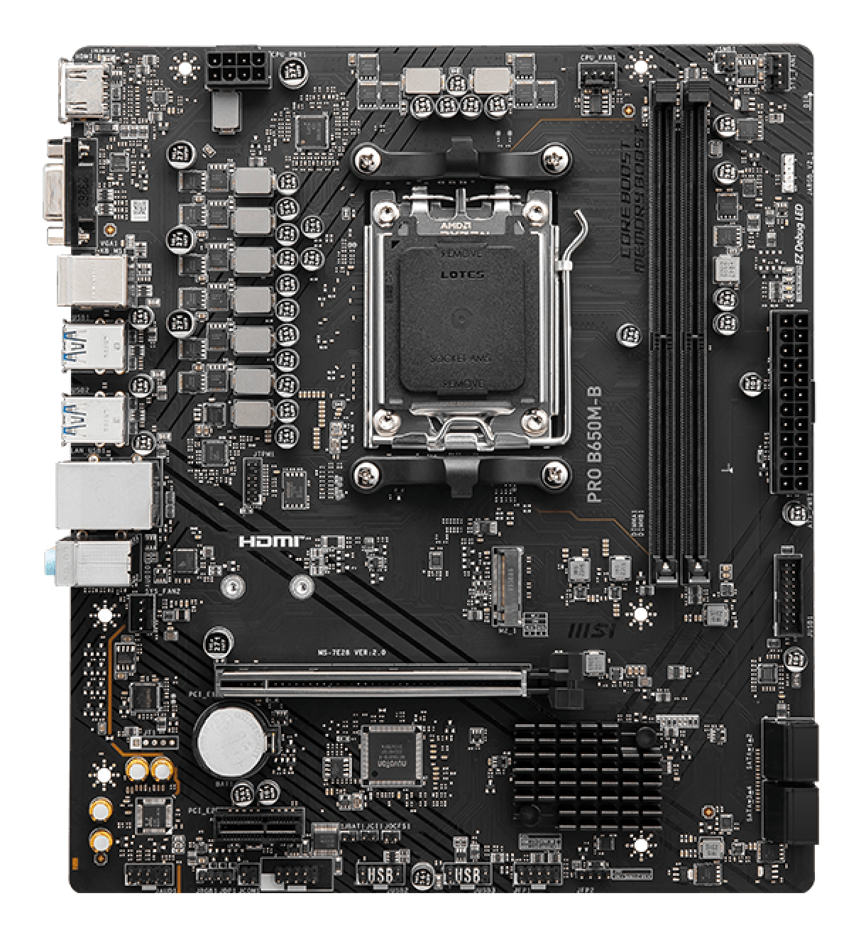 Una placa base negra MSI PRO B650M-B con varios componentes como puertos, ranuras y un zócalo de CPU.