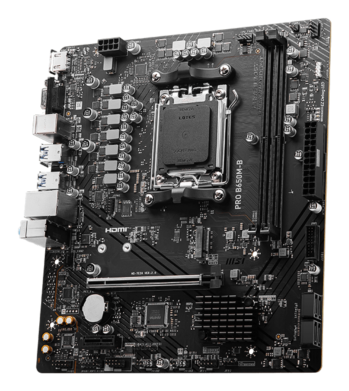 Una placa base MSI PRO B650M-B negra. Tiene varios componentes como zócalos, ranuras y puertos. El fondo es blanco.