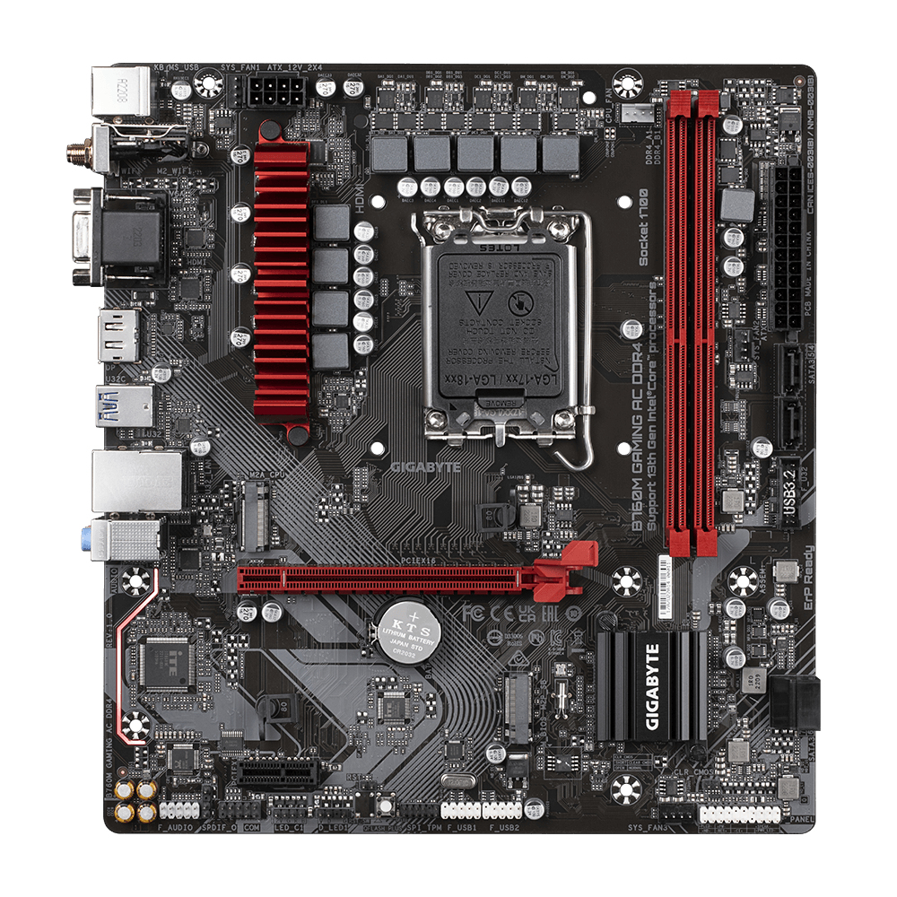 Scheda madre per computer nera e grigia con dettagli rossi. Componenti, socket e logo Gigabyte visibili.