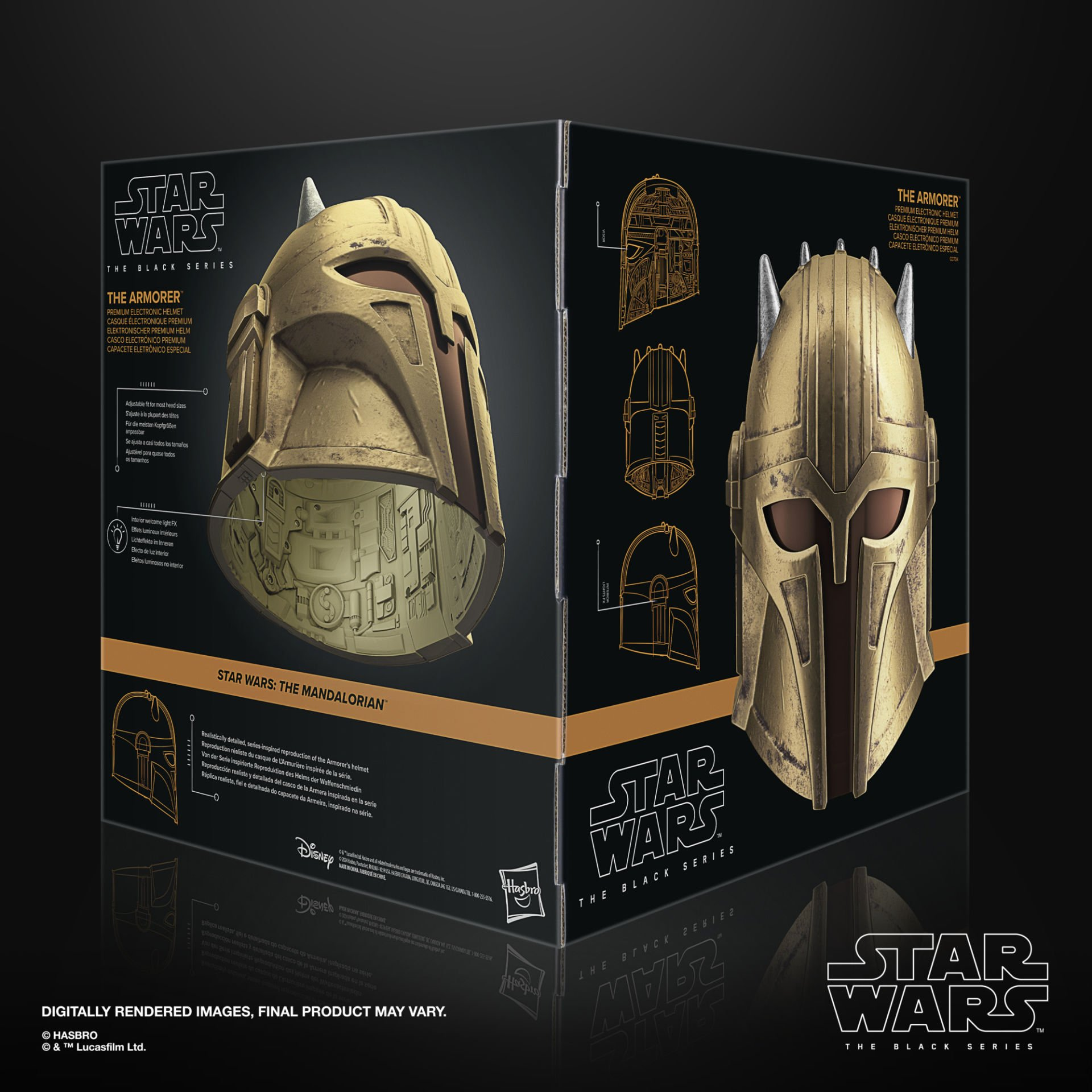 Armorer miğferiyle Star Wars The Black Series kutusu. Miğfer altın rengi ve gümüş boynuzlu. Kutuda Star Wars logosu var.