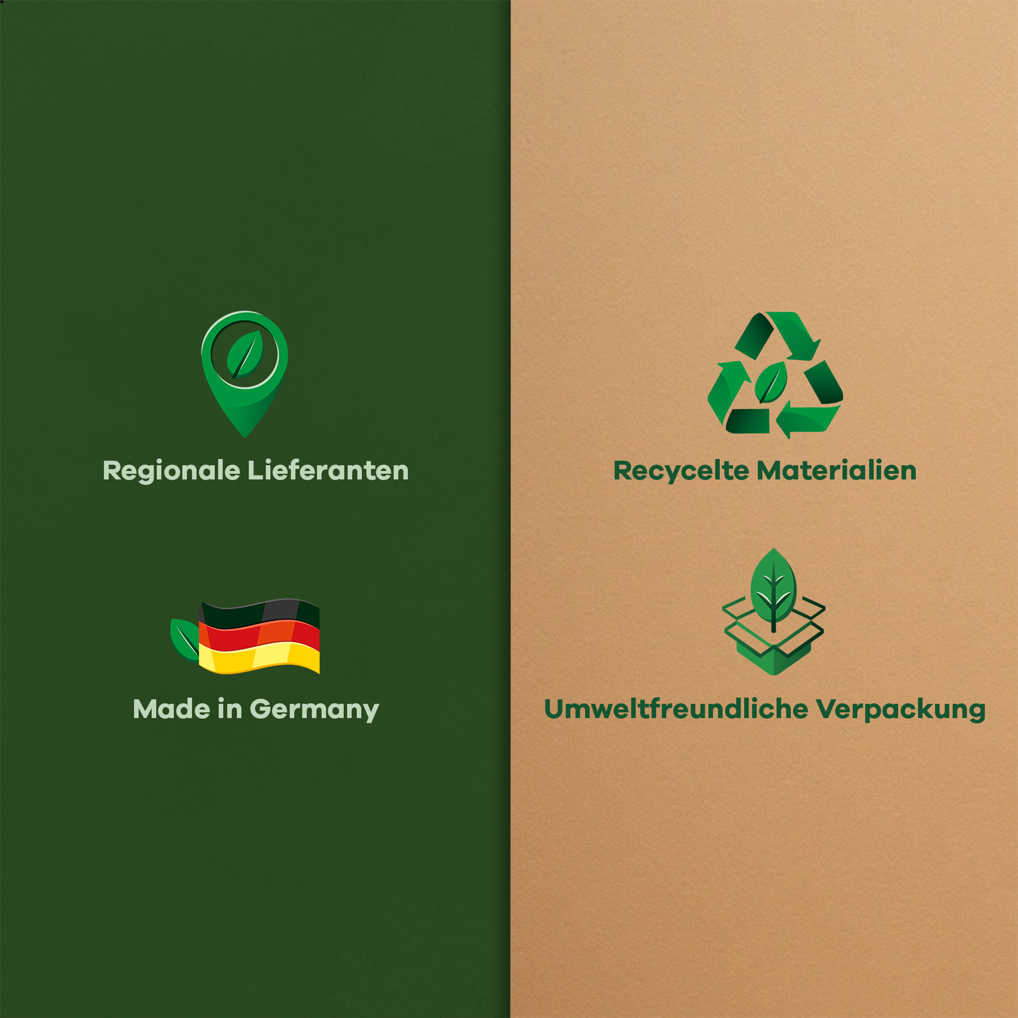 Das Bild zeigt einen grünen und braunen Hintergrund. Es zeigt Logos und Texte über lokale Lieferanten, recycelte Materialien, Made in Germany und umweltfreundliche Verpackungen.