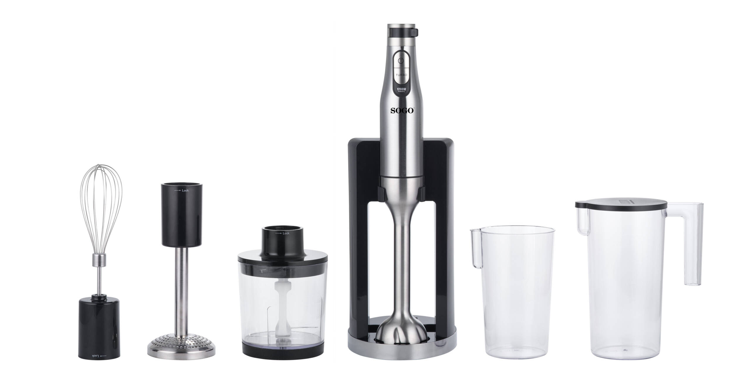 Un conjunto de electrodomésticos de cocina que incluye una licuadora con accesorios y recipientes, todo sobre una superficie blanca.