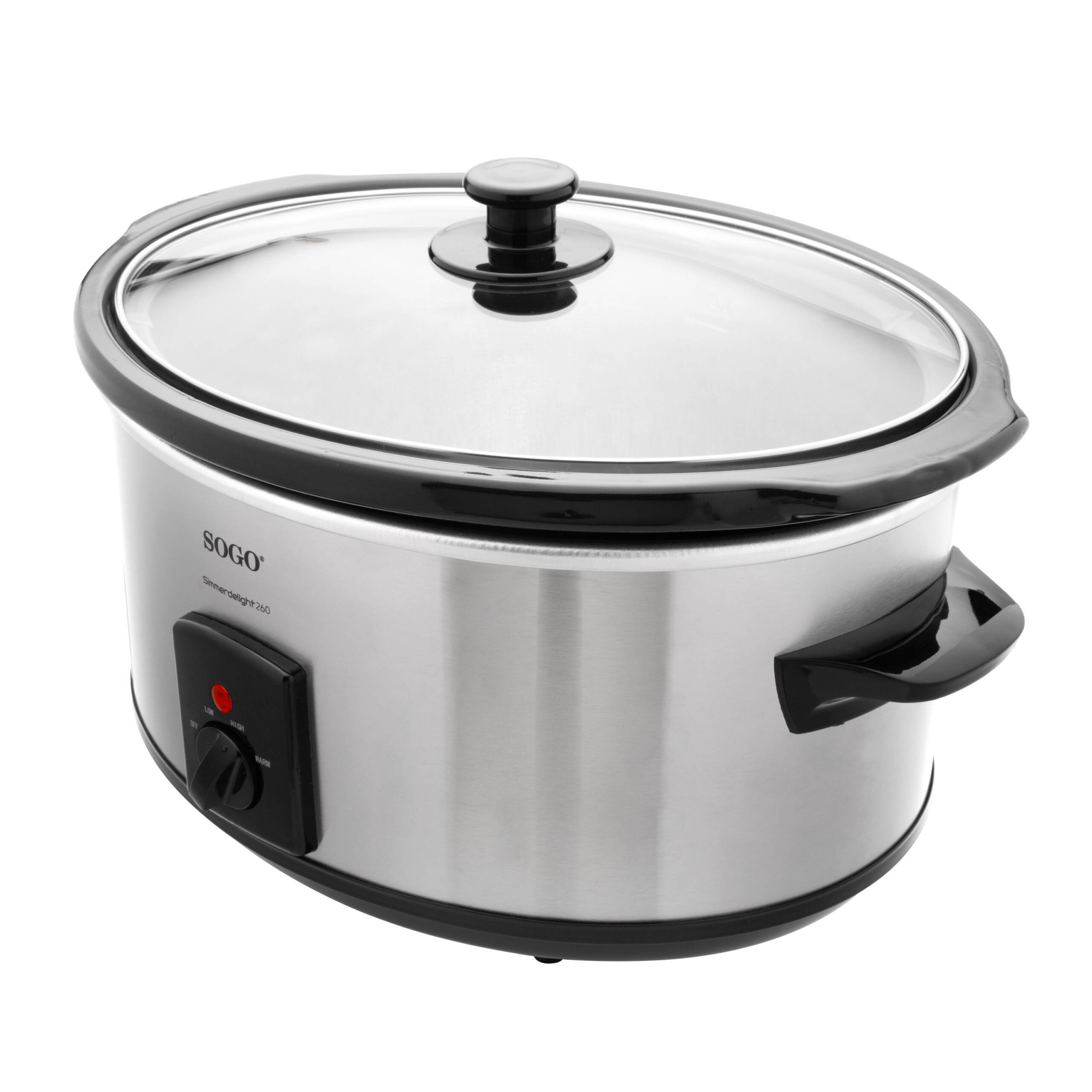 Una olla de cocción lenta ovalada de acero inoxidable con tapa de vidrio y asa negra. Tiene un panel de control lateral.