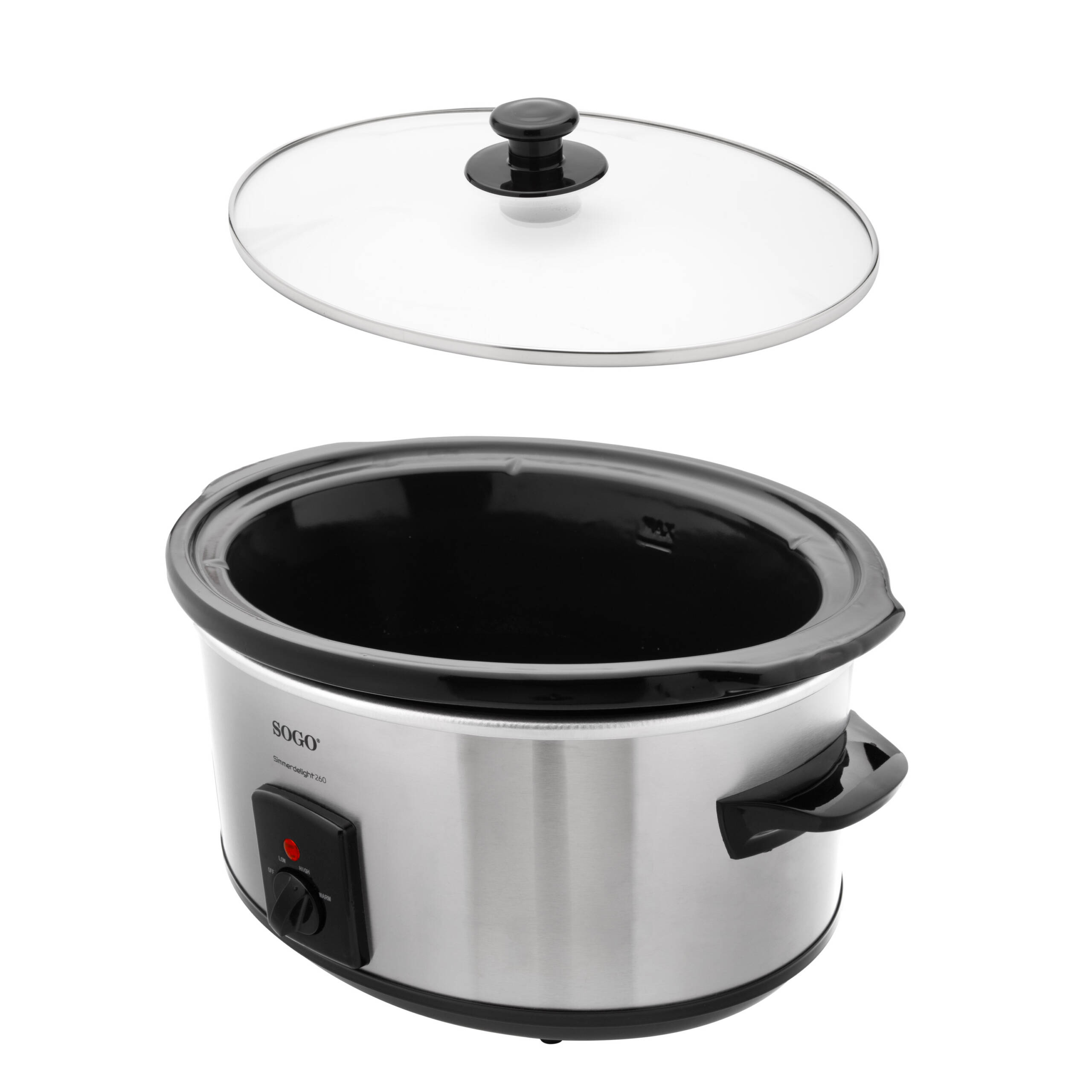 Una olla de cocción lenta de acero inoxidable con una tapa transparente. La tapa está encima de la olla. Tiene asas y controles negros.
