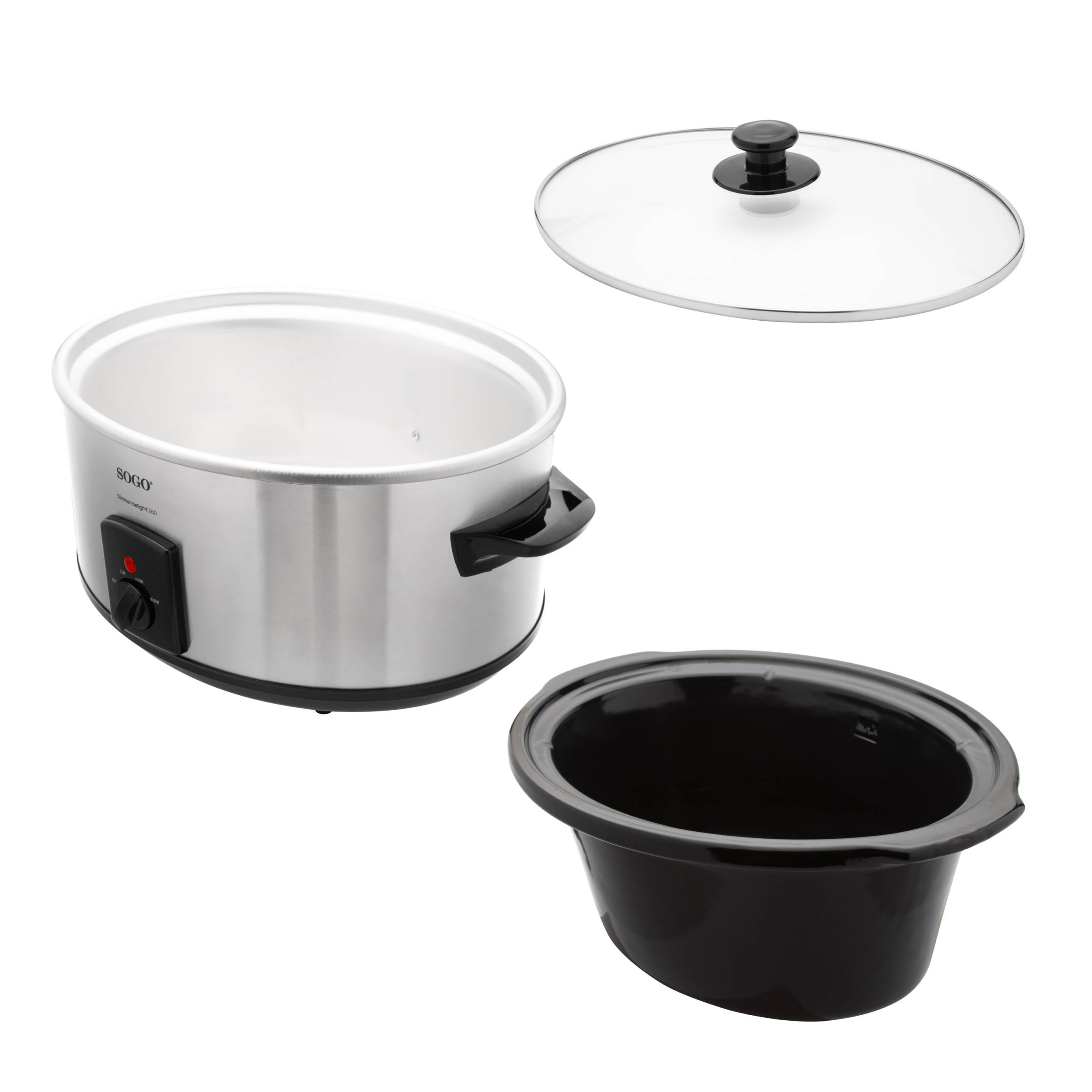 Una olla de cocción lenta con tapa y olla interior sobre un fondo blanco. La olla es plateada, la olla es negra y la tapa es de cristal.
