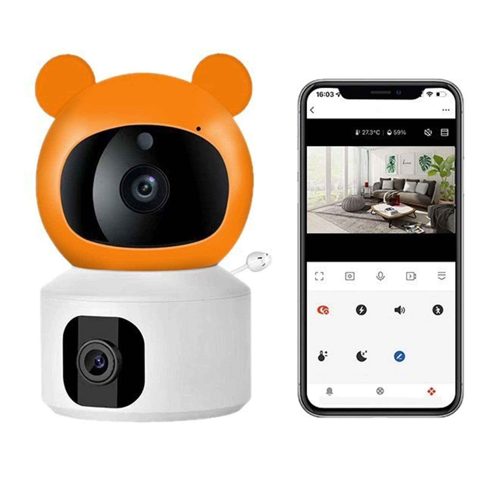 Ein orangefarbener, bärenförmiger Babyphone-Monitor mit weißer Basis und ein Telefon, das eine Wohnzimmeransicht anzeigt.