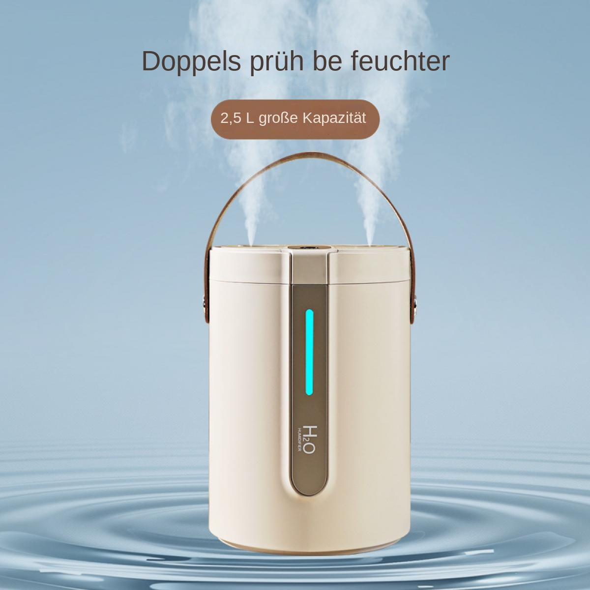 Beige Luftbefeuchter mit Griff. Dampf tritt aus. Oben steht 'Doppelsprühbefeuchter'.