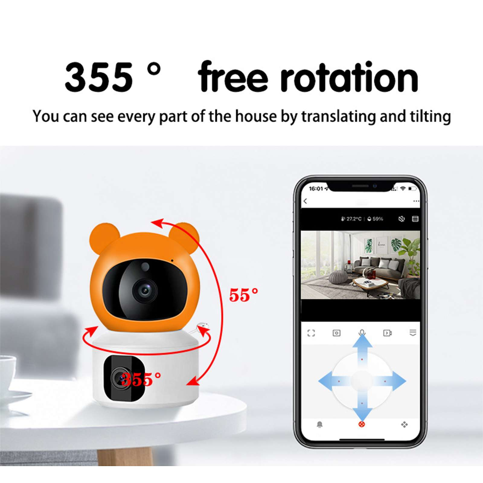 Eine orangefarbene und weiße Überwachungskamera mit einem Telefon, das die Ansicht zeigt. Die Kamera dreht sich um 355 Grad.