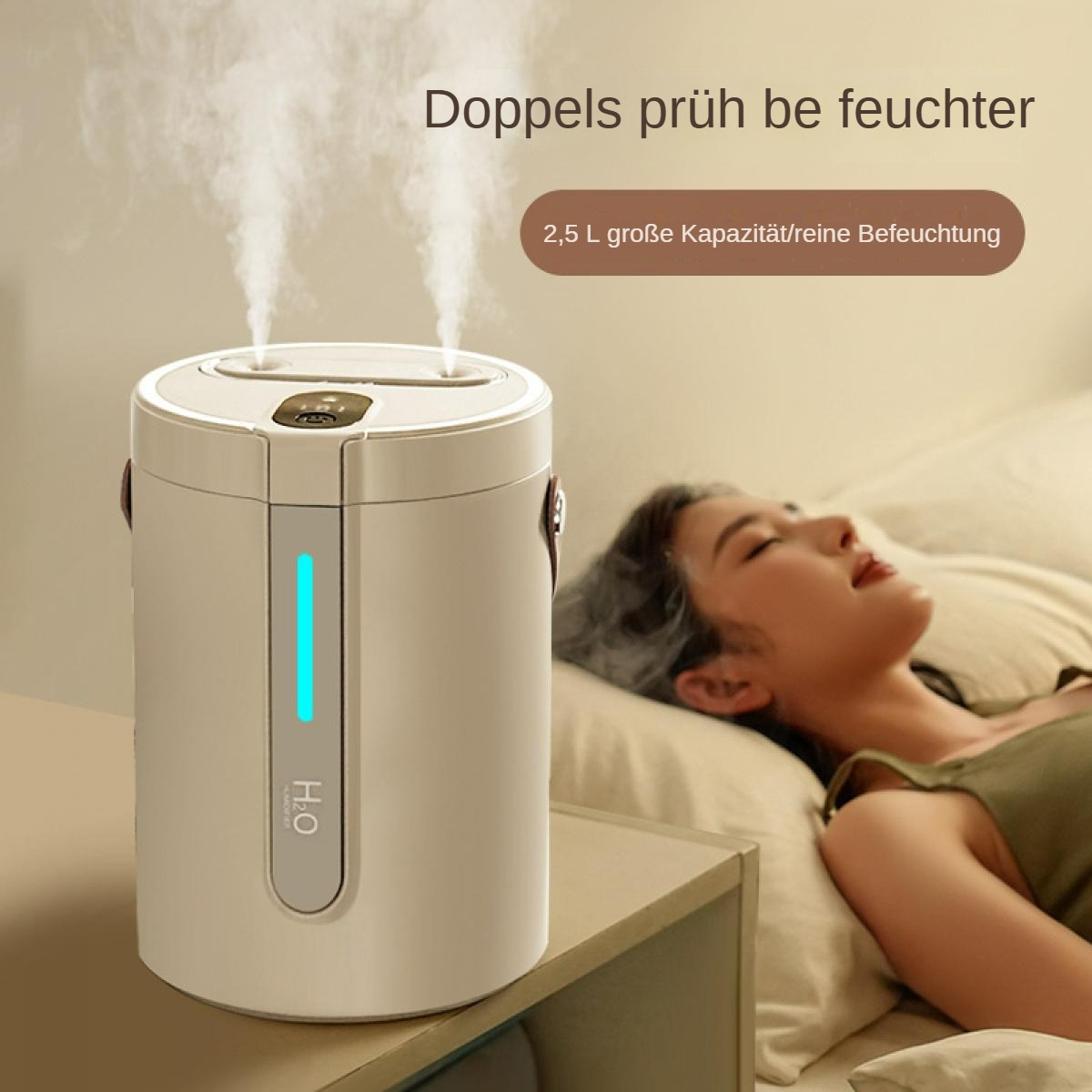 Ein Luftbefeuchter gibt Dampf ab. Eine Frau schläft im Bett. Text: 'Doppels prüh be feuchter' und '2,5 L' Kapazität.