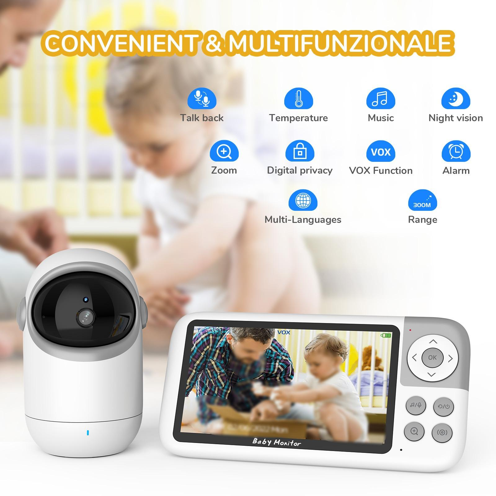 Babyphone mit Kamera und Bildschirm. Funktionen: Gegensprechen, Temperatur, Musik, Nachtsicht, Zoom, Datenschutz, VOX, Alarm, Mehrsprachigkeit, Reichweite.