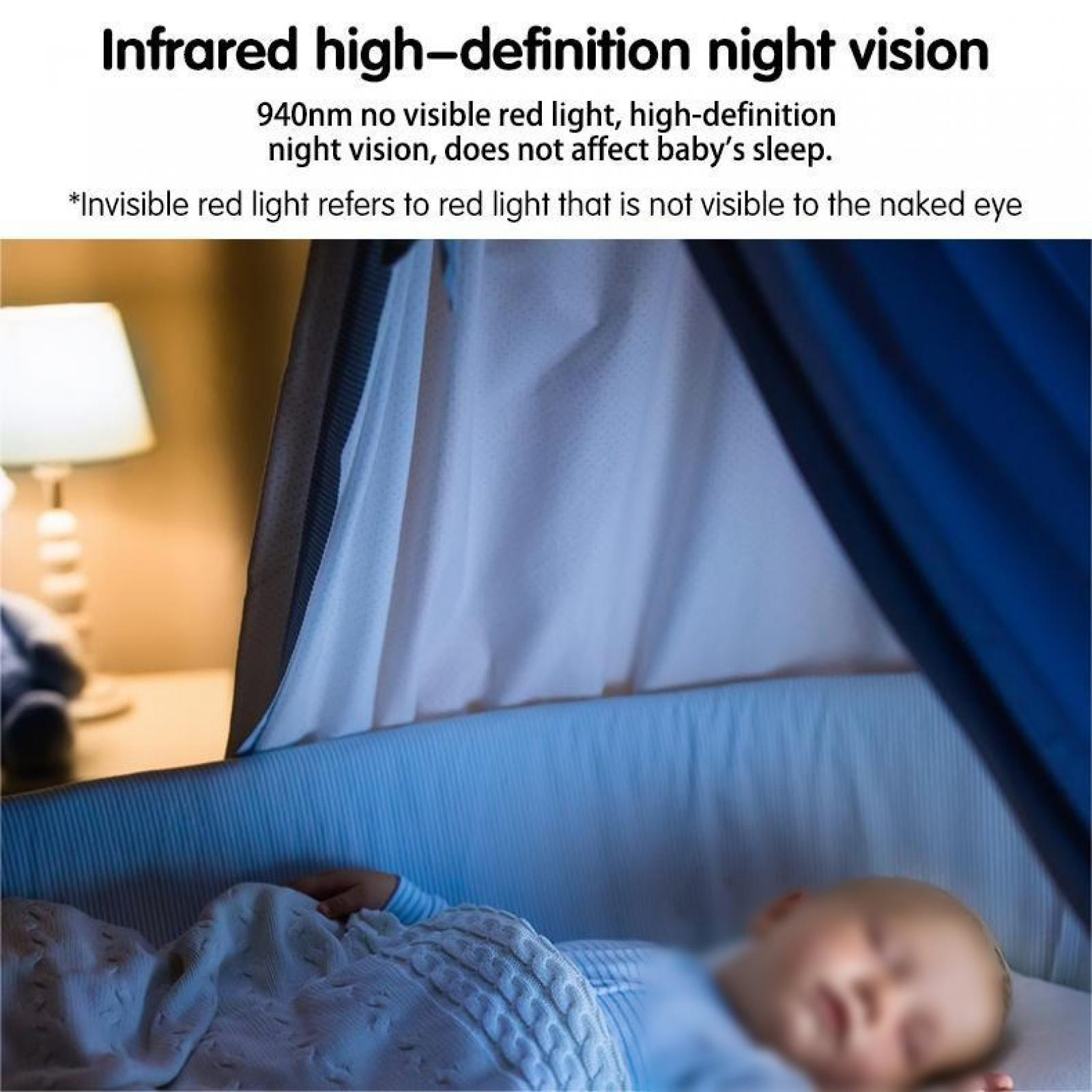 Ein Baby schläft in einem Kinderbett. Infrarot-Nachtsicht-Text steht oben. Im Hintergrund ist eine Lampe.