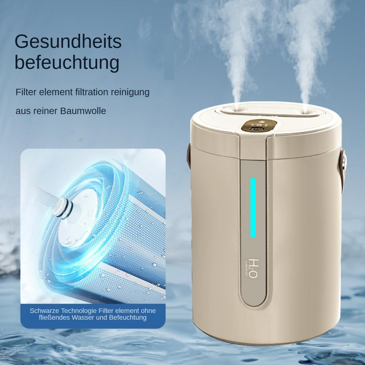 Ein Luftbefeuchter mit Dampf, Text auf Deutsch und ein Querschnitt durch einen Filter. Der Befeuchter ist beige mit einem blauen Lichtstreifen.