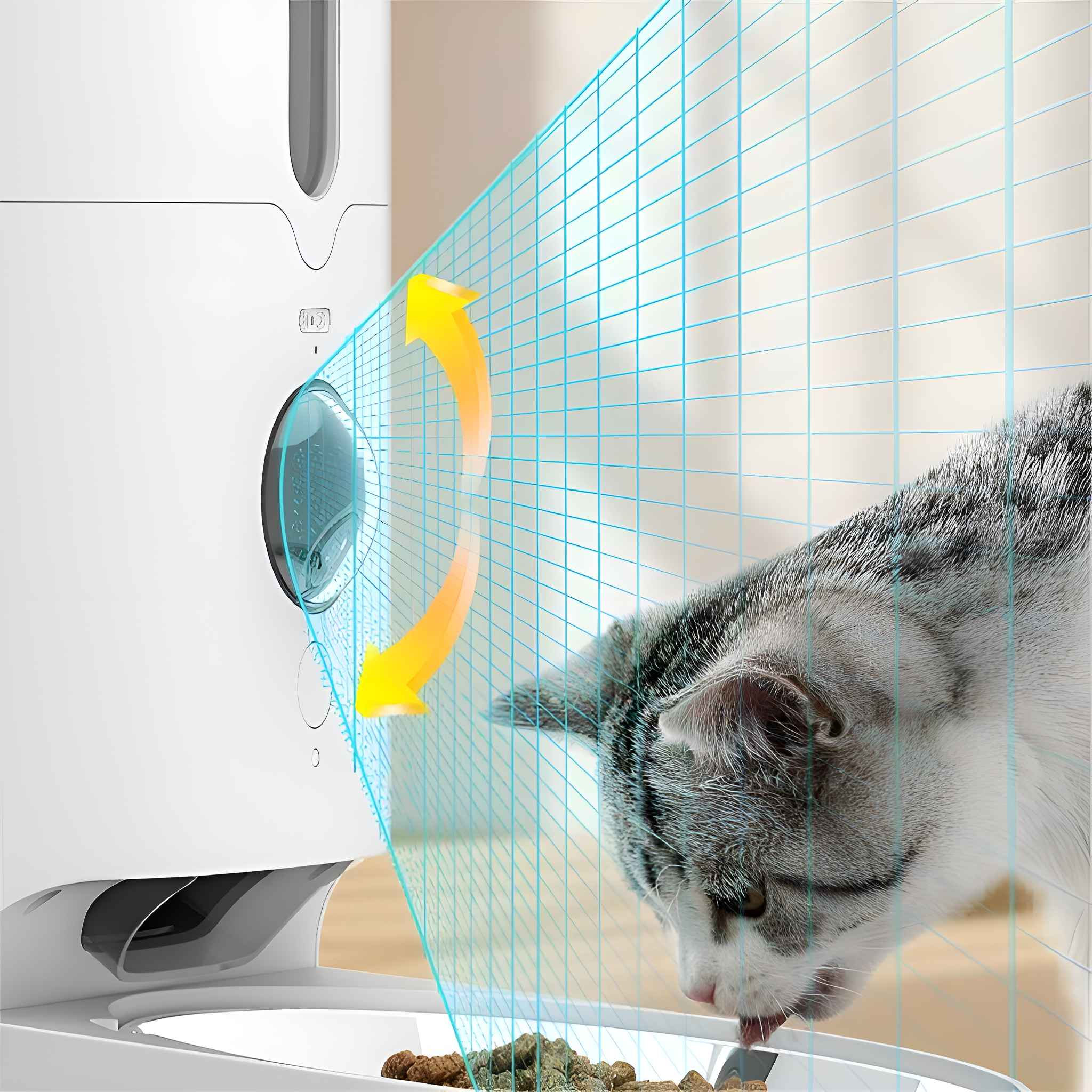 Eine Katze, die aus einer Futterschüssel frisst, neben einem automatischen Futterautomaten. Blaues Raster überlagert. Pfeile zeigen die Essensausgabe an.