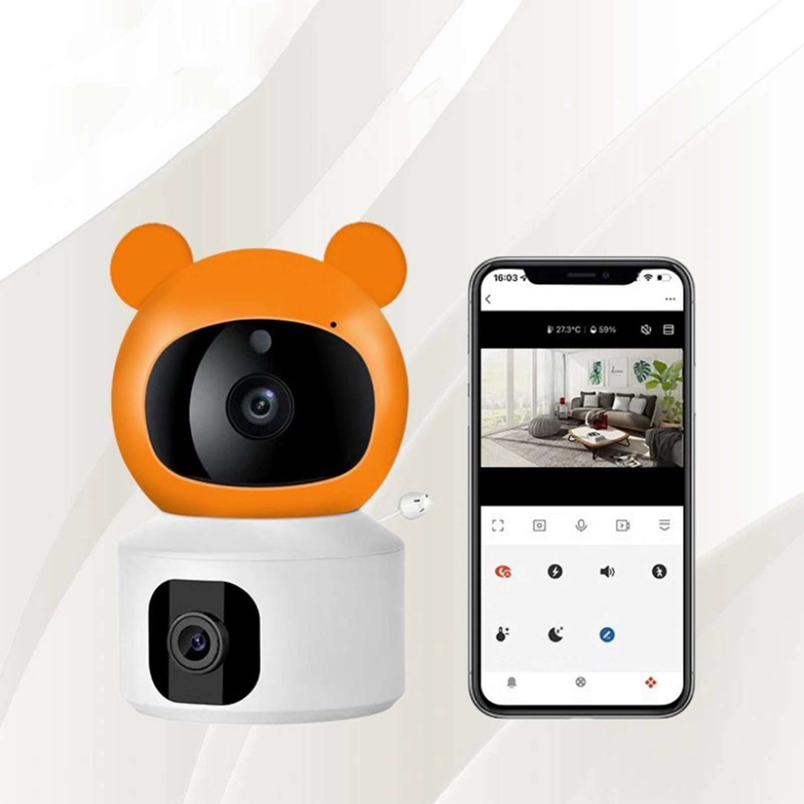 Eine orangefarbene, bärenförmige Überwachungskamera und ein Smartphone, das einen Live-Video-Feed zeigt.