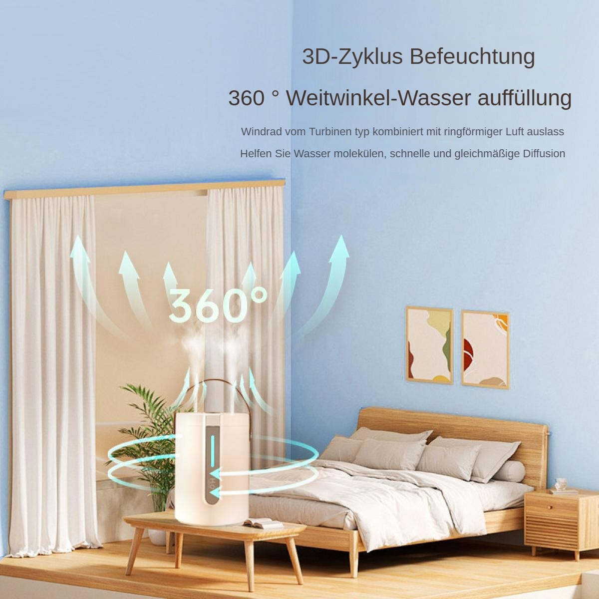 Luftbefeuchter in einem Schlafzimmer mit Bett, zwei Bildern und Vorhängen. Text oben erklärt die Wasserfüllfunktion des Geräts.