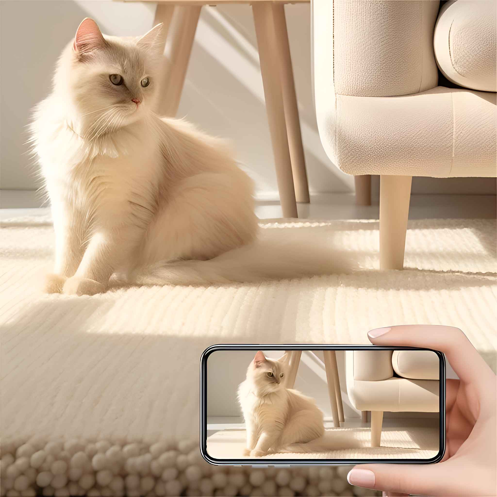 Eine cremefarbene Katze sitzt auf einem Teppich neben einem Sofa. Ein Telefon zeigt die Katze und das Sofa. Eine Hand hält das Telefon.