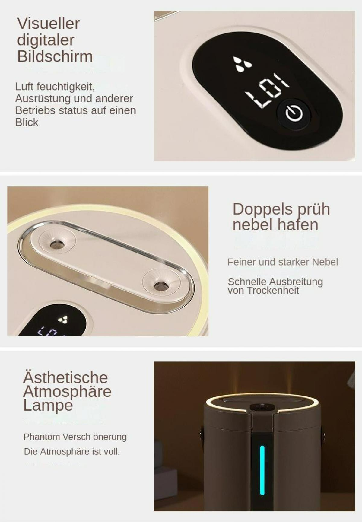 Ein weißes Gerät mit digitalem Bildschirm, der 'LO1' und einen Ein-/Ausschalter anzeigt. Text zeigt Luftfeuchtigkeit und Betriebsstatus an.