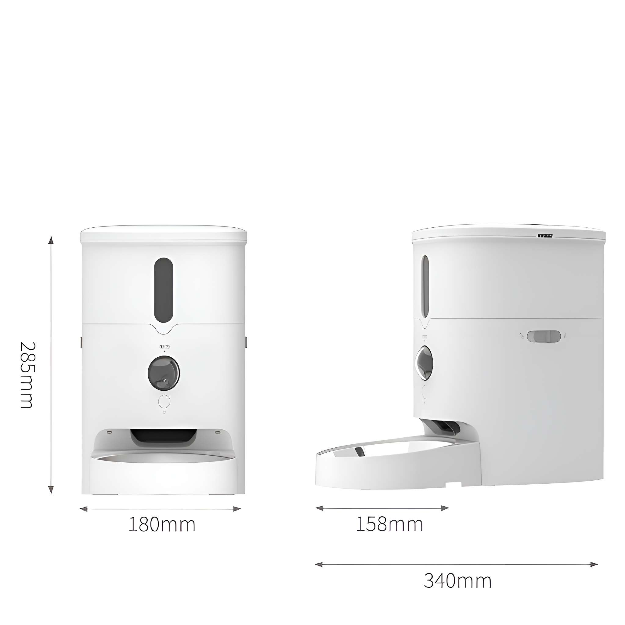 Zwei weiße automatische Futterautomaten. Abmessungen: 285 mm hoch, 180 mm und 158 mm breit und 340 mm lang. Abmessungen sind beschriftet.