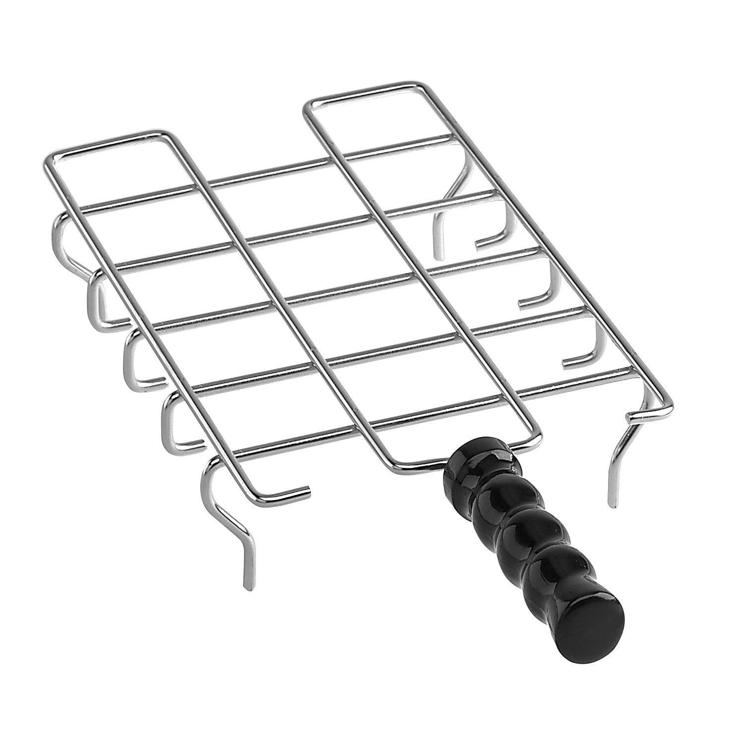 Ein Edelstahl-Kühlgitter mit schwarzem Griff. Das Gitter ist quadratisch mit einem Gittermuster. Der Griff ist schwarz und zylindrisch.