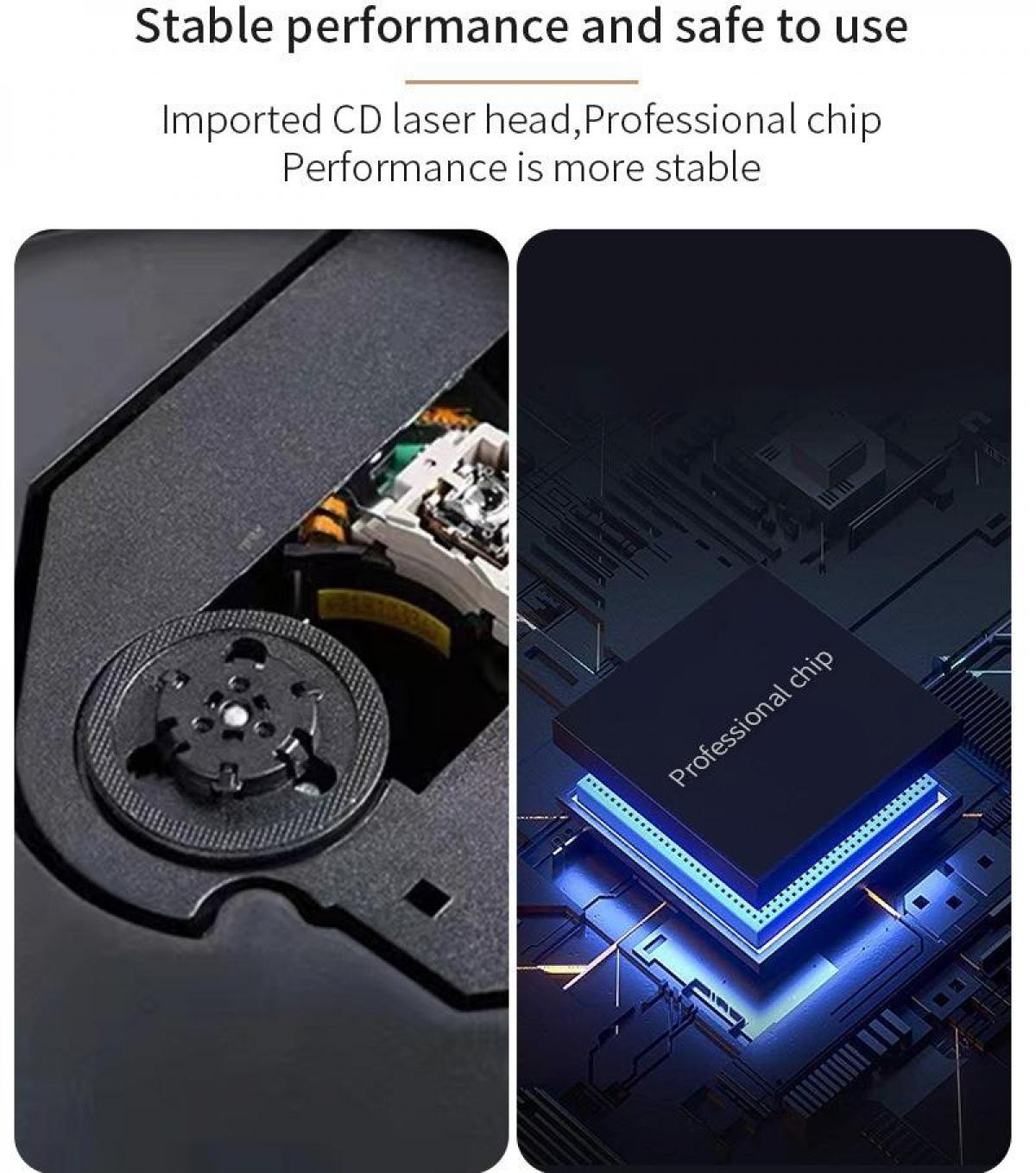Das Bild zeigt links einen CD-Laserkopf und rechts einen professionellen Chip mit blauen Lichtern, mit Textüberlagerung.