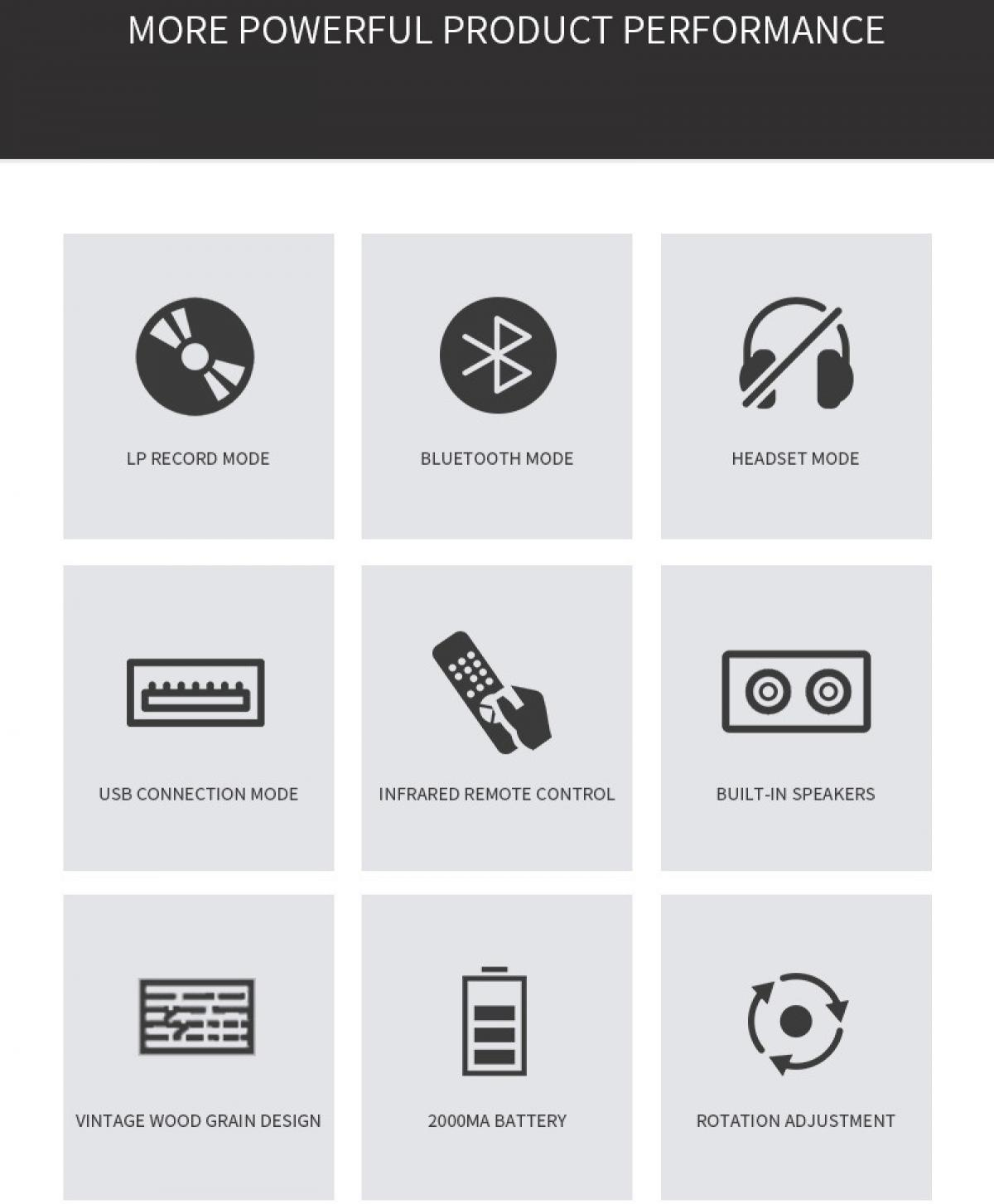 Das Bild zeigt Symbole für Produktmerkmale: Schallplatte, Bluetooth, Headset, USB, Fernbedienung, Lautsprecher, Holzmaserung, Batterie und Drehung.