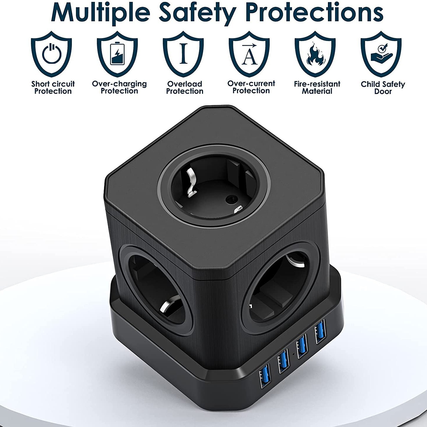 Ein schwarzer Mehrfachstecker mit mehreren Steckdosen und USB-Anschlüssen. Symbole oben zeigen Sicherheitsmerkmale wie Überlast- und Überstromschutz.